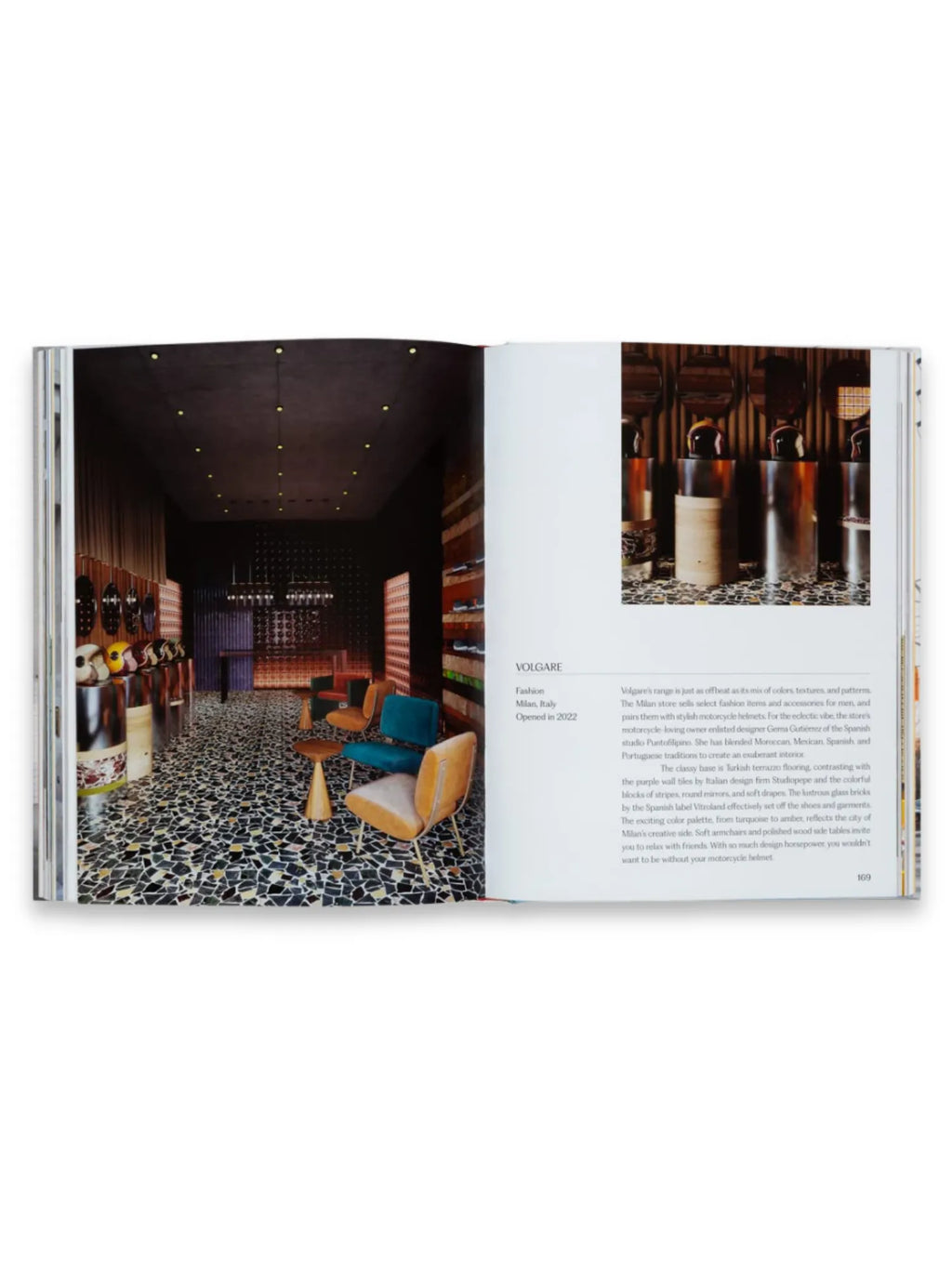 Book Think Big Shop Small, an open book displaying a vibrant, stylish interior design with a dark, moody ceiling, multi-colored terrazzo floor, and modern furniture including orange and teal armchairs, and a small wooden side table. This inspiring design book is perfect for interior design enthusiasts, architects, and retail business owners seeking creative visual inspiration.