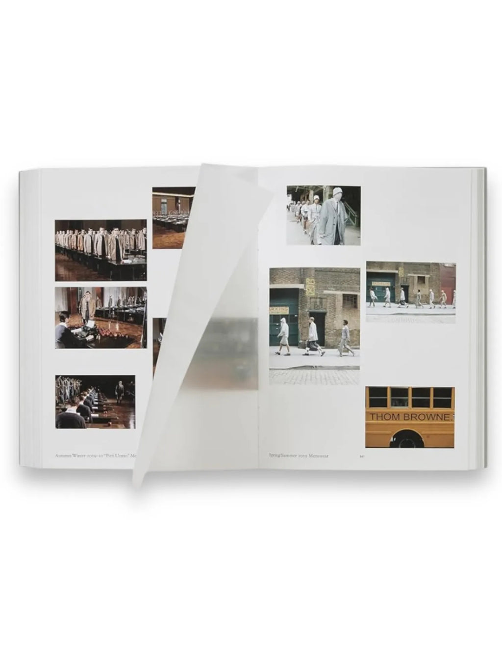 Book Thom Browne, an open luxury fashion book displaying multiple glossy pages with high-quality images of Thom Browne's collections and runway shows, including models in sophisticated attire and a yellow school bus with the brand name. This premium hardcover book is ideal for fashion enthusiasts, designers, and collectors interested in the iconic Thom Browne aesthetic.