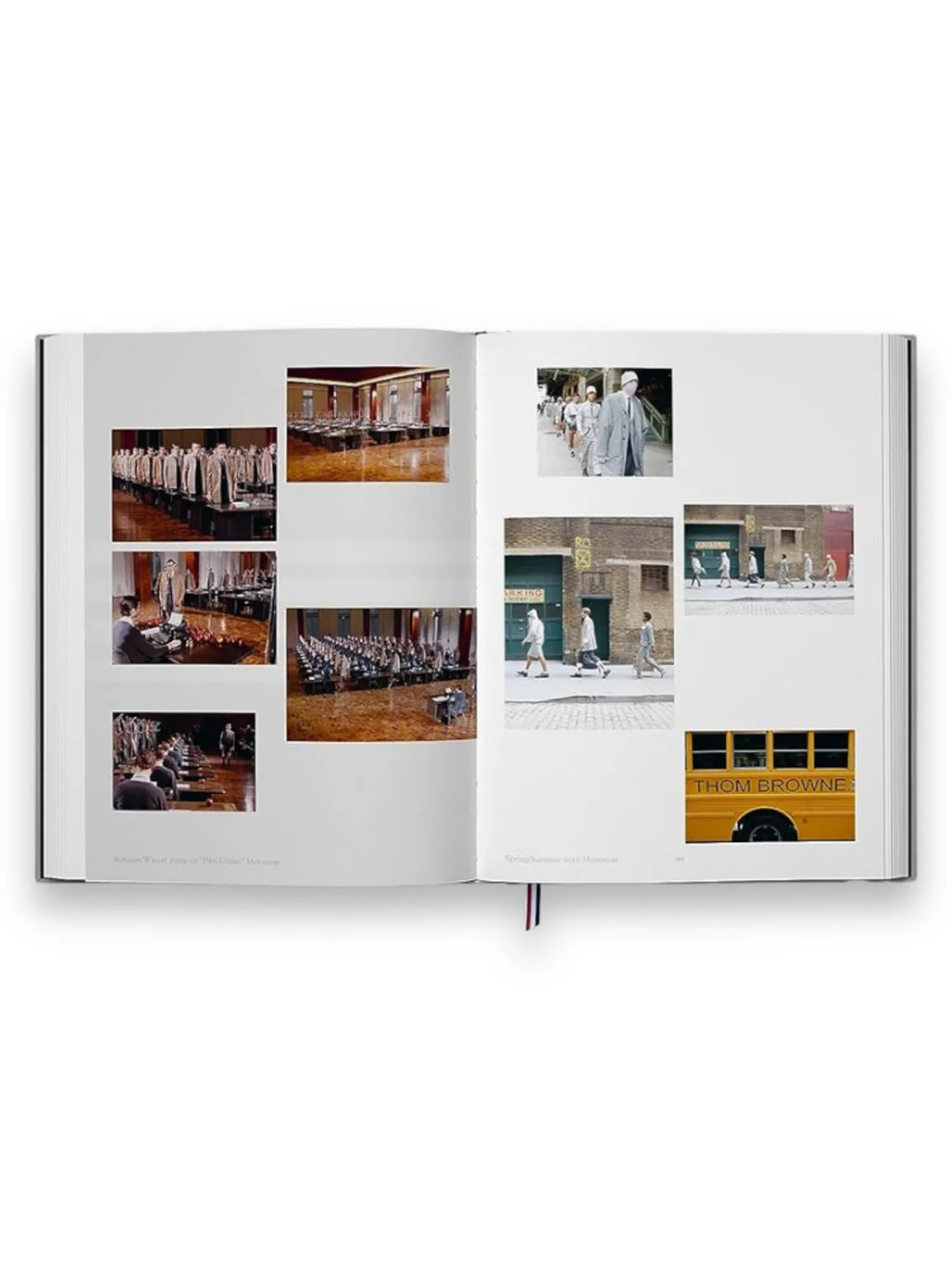 Book Thom Browne, an open hardcover fashion book displaying multiple glossy full-color photographs of Thom Browne runway shows and collections, including models in trench coats and a yellow school bus. This premium coffee table book offers a visual journey through the iconic designer's work, perfect for fashion enthusiasts and collectors.