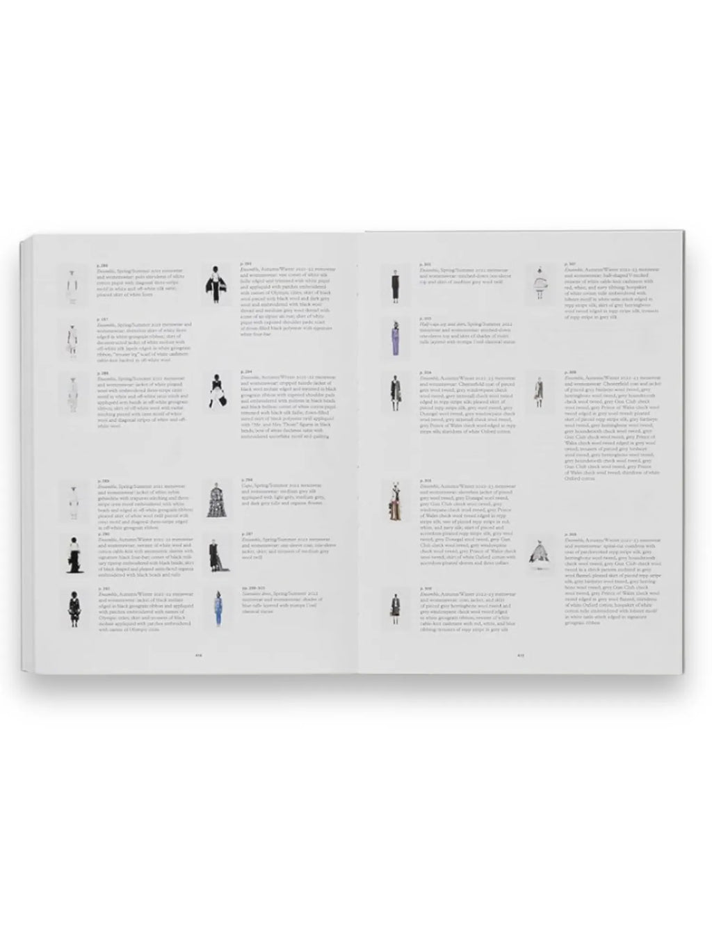 Book Thom Browne, an open luxury hardcover fashion book showcasing minimalist illustrations of Thom Browne's iconic apparel designs on bright white pages, accompanied by detailed text descriptions. This stylish coffee table book is perfect for fashion enthusiasts, designers, and collectors seeking inspiration and a comprehensive look at the brand's aesthetic.