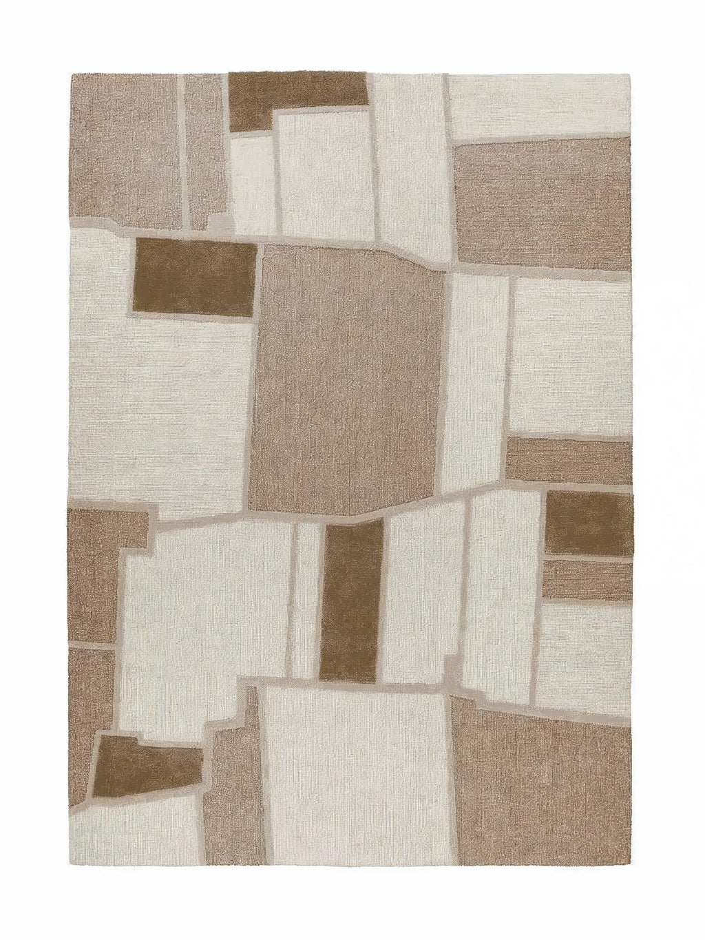 alp_ Tierras Nature Rug, a modern abstract area rug featuring an organic geometric pattern in a palette of natural cream, light beige, and rich brown tones. This hand-tufted wool rug showcases varied pile heights and textures, creating a dynamic, earthy aesthetic. Ideal for contemporary living rooms, minimalist bedrooms, or organic modern interiors seeking a sophisticated, neutral statement piece.