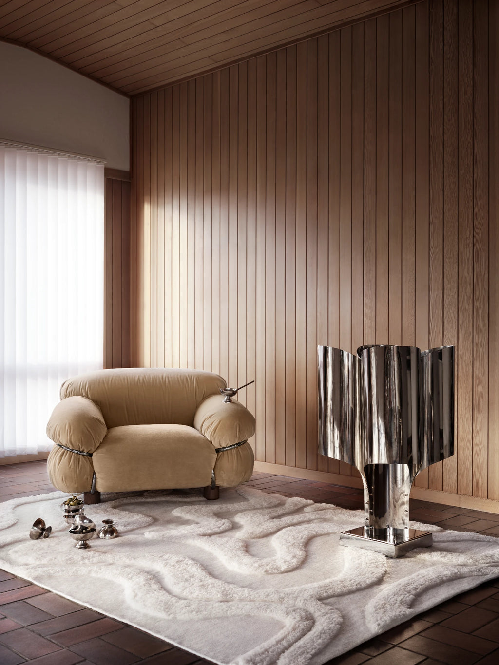 Tinted Objects Norlander Wool Rug, a plush ivory white area rug featuring a raised, organic wavy pattern that adds depth and texture. This luxurious, modern rug is perfect for enhancing the comfort and style of a contemporary living room or bedroom.