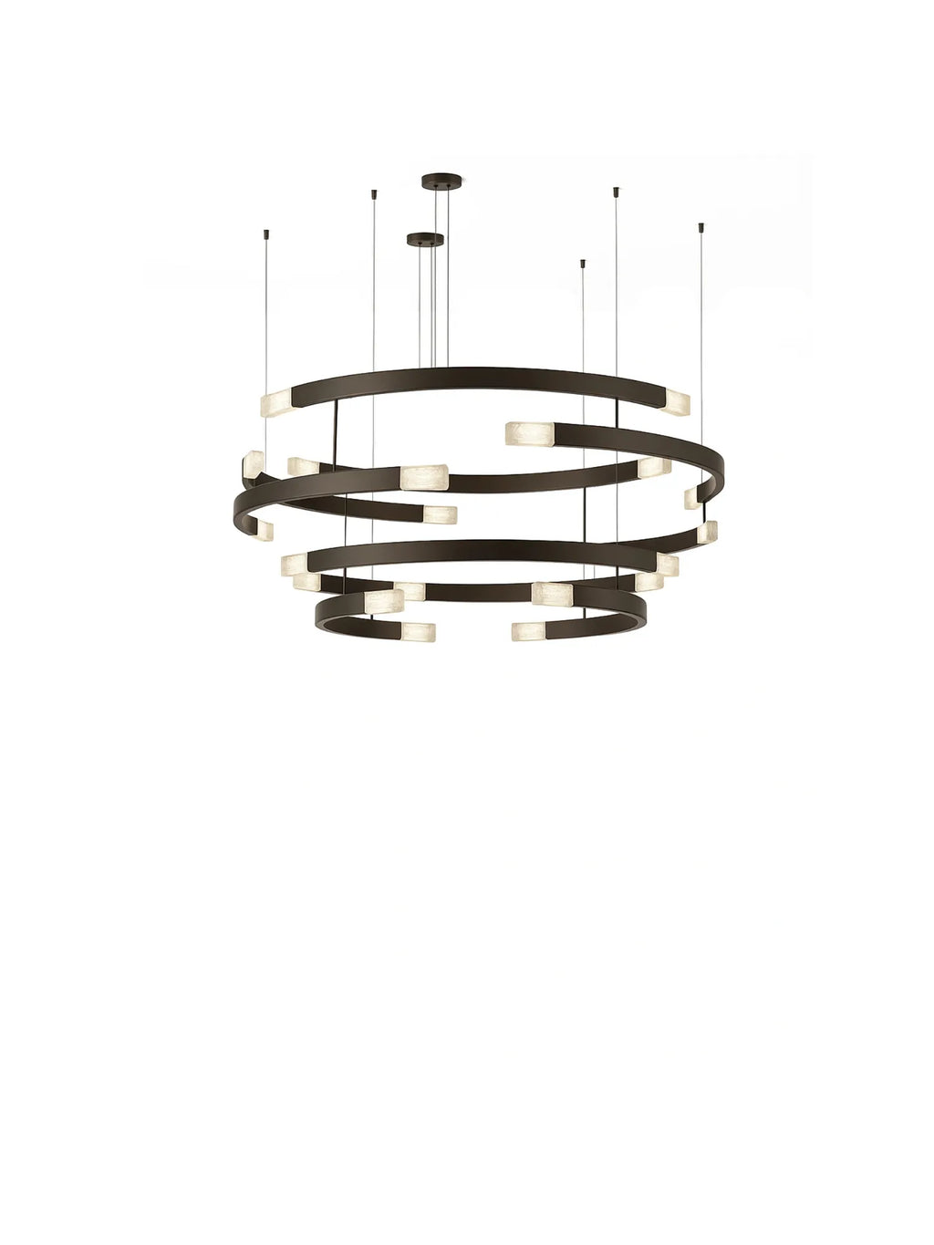CTO Lighting Trace Circular Halo Chandelier, a luxurious modern chandelier featuring multiple concentric dark bronze metal rings, each embedded with luminous rectangular frosted glass diffusers. This architectural lighting piece creates a layered halo effect, providing sophisticated ambient LED illumination. Perfect as a statement ceiling light for contemporary living rooms, elegant dining rooms, or grand entryways.
