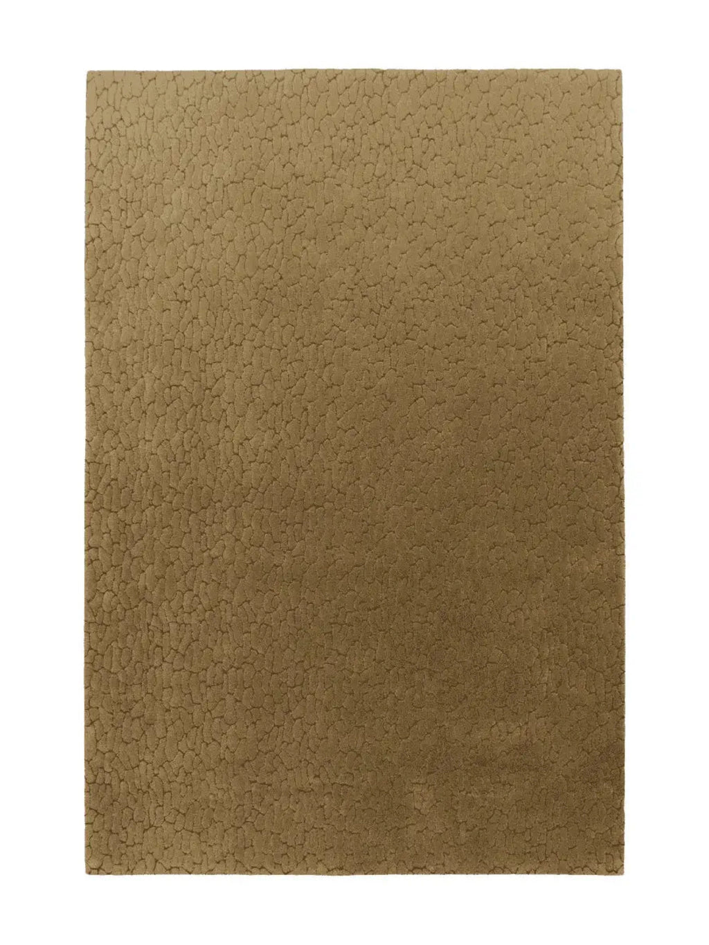 alp_ Tronc Rug, an earthy olive green area rug featuring a unique, highly textured deep pile with an irregular, pebble-like organic pattern. This soft wool blend rug brings a natural aesthetic and cozy feel to any contemporary living room or organic modern bedroom.
