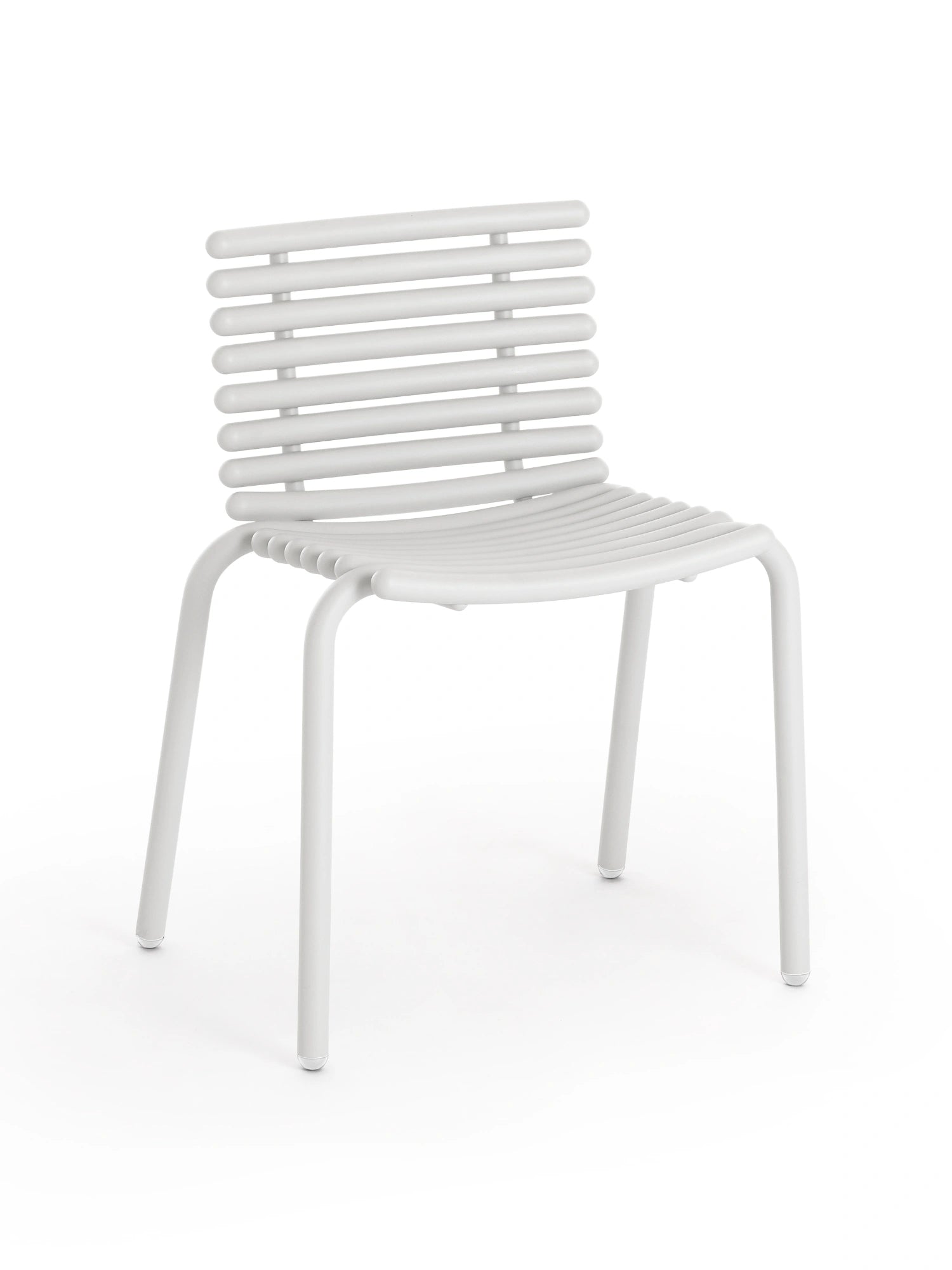Diabla Tuba Dining Chair in Grey. A contemporary and durable chair with a slatted backrest and seat, presented in a chic, neutral light grey finish, ideal for various decor styles, on a white background.