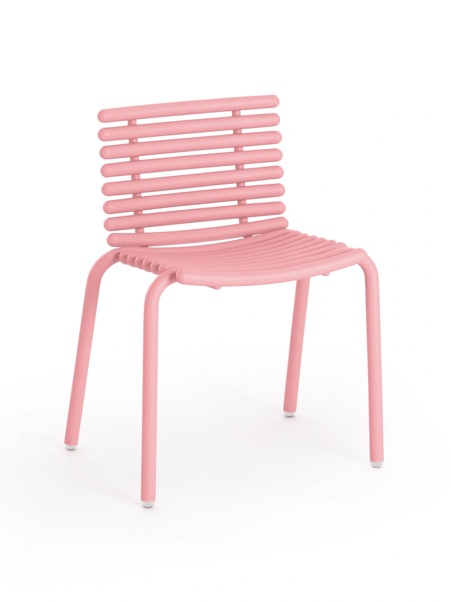 Diabla Tuba Dining Chair in Pink. A stylish, contemporary chair with a unique slatted design on the back and seat, presented in a vibrant, smooth pink finish on a white background.