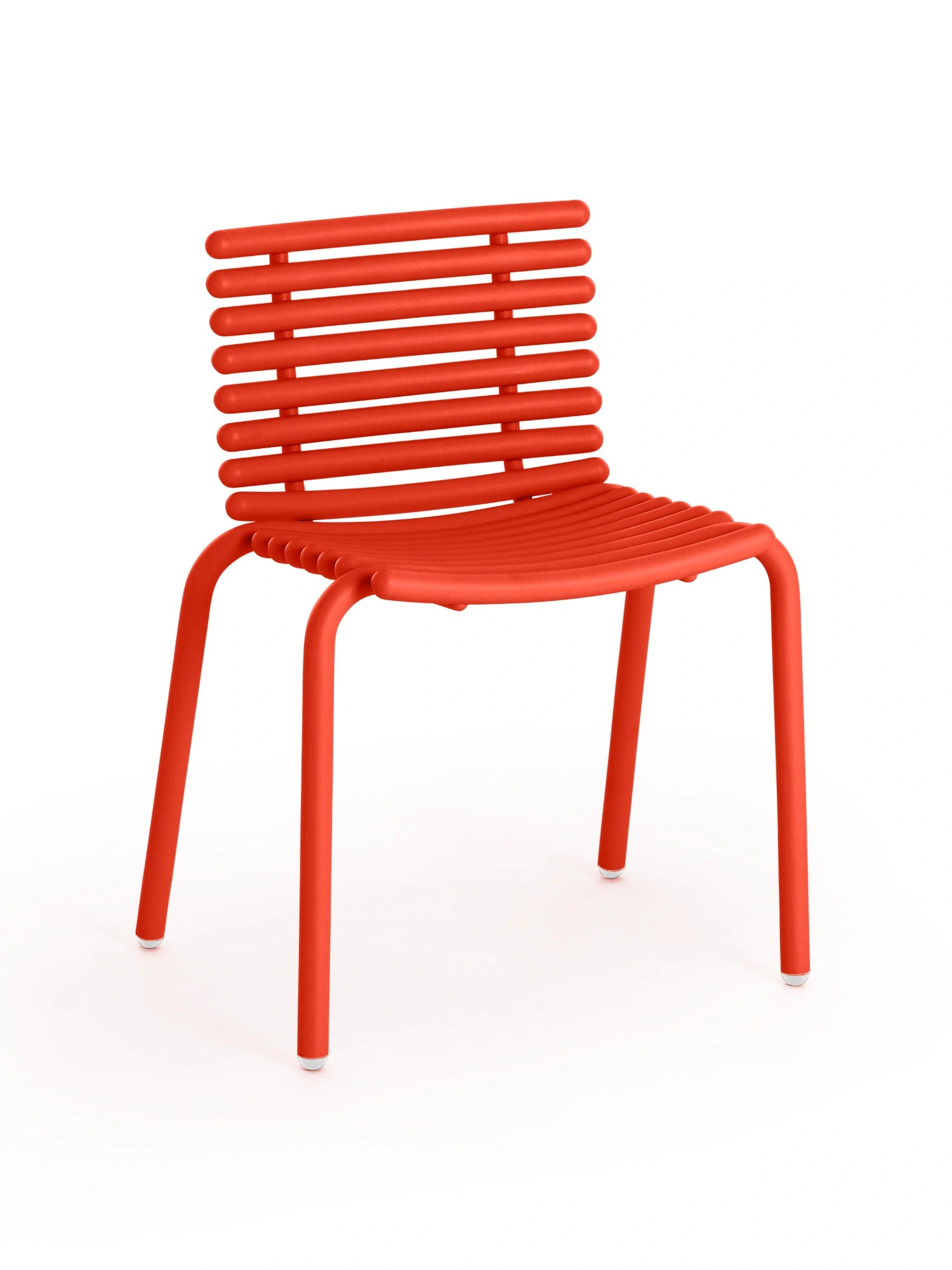 Diabla Tuba Dining Chair in vibrant red, showcasing its modern slatted design on the seat and backrest, with sturdy tubular legs. This stylish and comfortable chair is ideal for contemporary dining spaces, displayed on white.