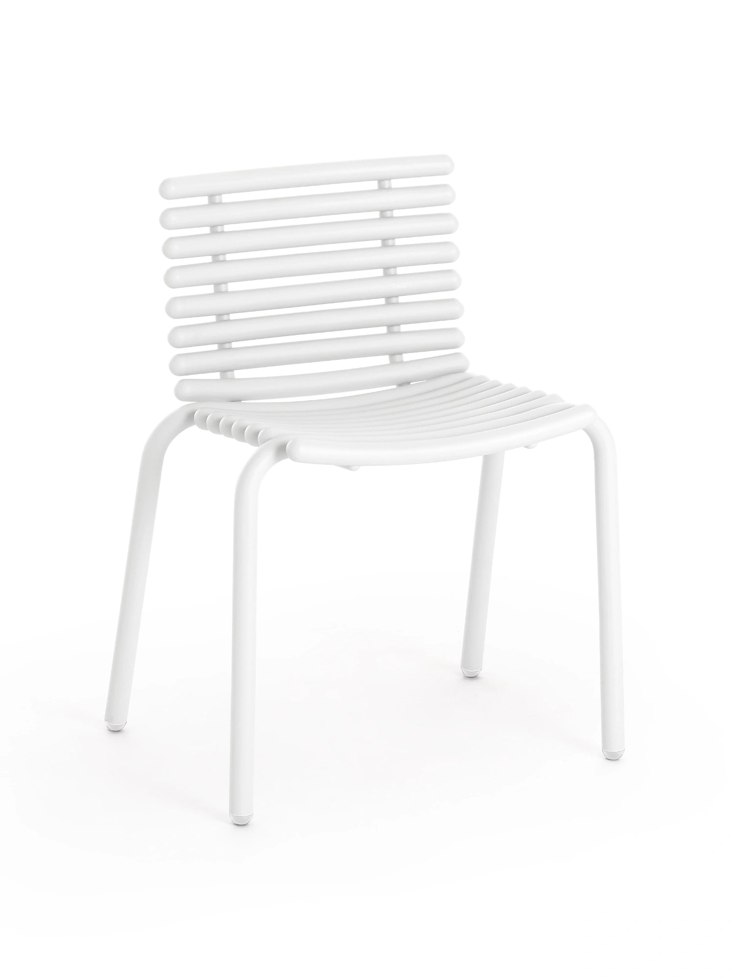 Diabla Tuba Dining Chair in White. An elegant and versatile chair featuring a distinctive slatted back and seat, rendered in a crisp, clean white finish, perfect for modern interiors, on a white background.