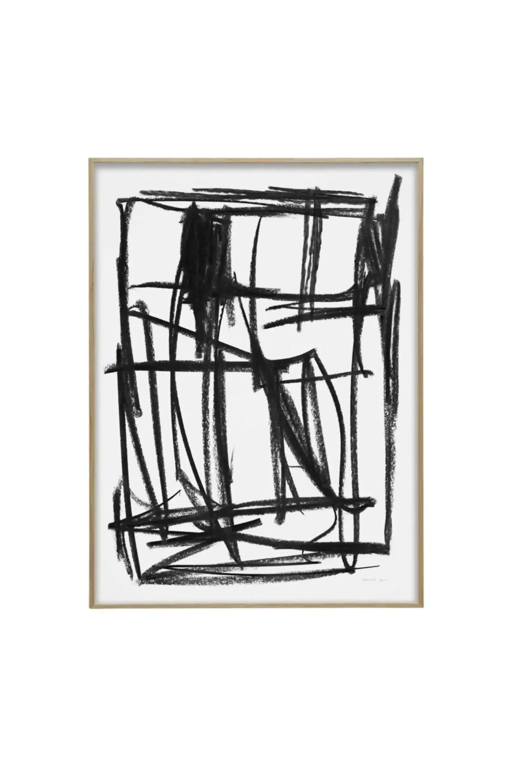 The Poster Club Turmoil - Art Print, a modern abstract poster featuring bold, textured black charcoal strokes on a crisp white background, framed in a sleek light wood. This stylish wall art is perfect for enhancing contemporary living spaces or offices for art enthusiasts and interior design lovers.