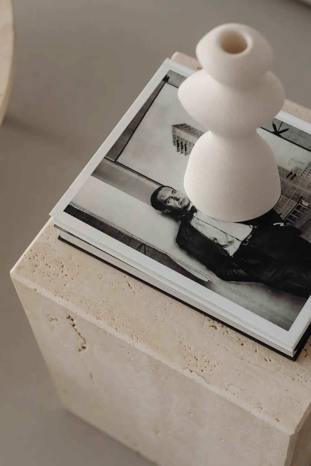 Close-up of Coi Travertine Pillar revealing intricate patterns and details