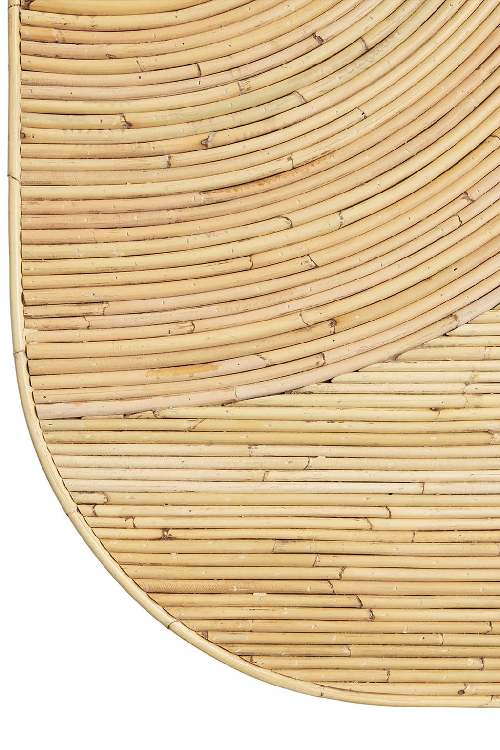 Tine K Viva Rattan Table, a natural light blonde rattan coffee table featuring a unique tabletop design with sections of horizontally laid rattan poles and a contrasting half-moon pattern of curved rattan canes. This organic modern coffee table offers a warm, textured aesthetic, perfect for boho living rooms, coastal interiors, or Scandinavian-inspired spaces.