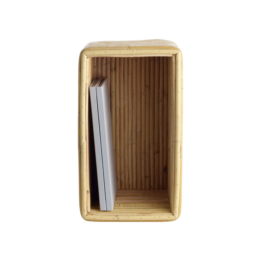 Tine K Viva Rattan Shelf, a rectangular natural bamboo shelf crafted from hand-bent light brown bamboo poles with softly rounded corners and a warm, organic texture.