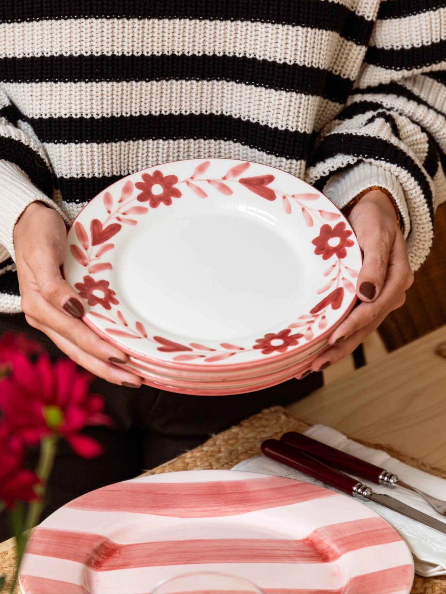 Red Flowers Hand-Painted Dessert Plate - Set of 4 by Valsa Home - THAT COOL LIVING