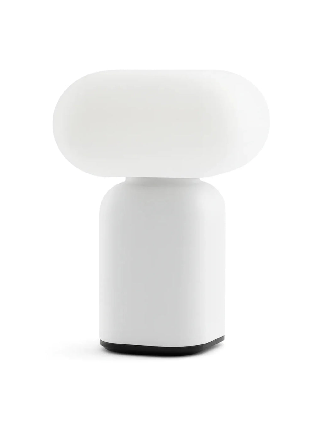 TAMO Velis Portable Lamp, a minimalist white plastic lamp with a rounded rectangular top diffuser and a cylindrical base, featuring a sleek black bottom accent, on a white background. Perfect for modern interior lighting.