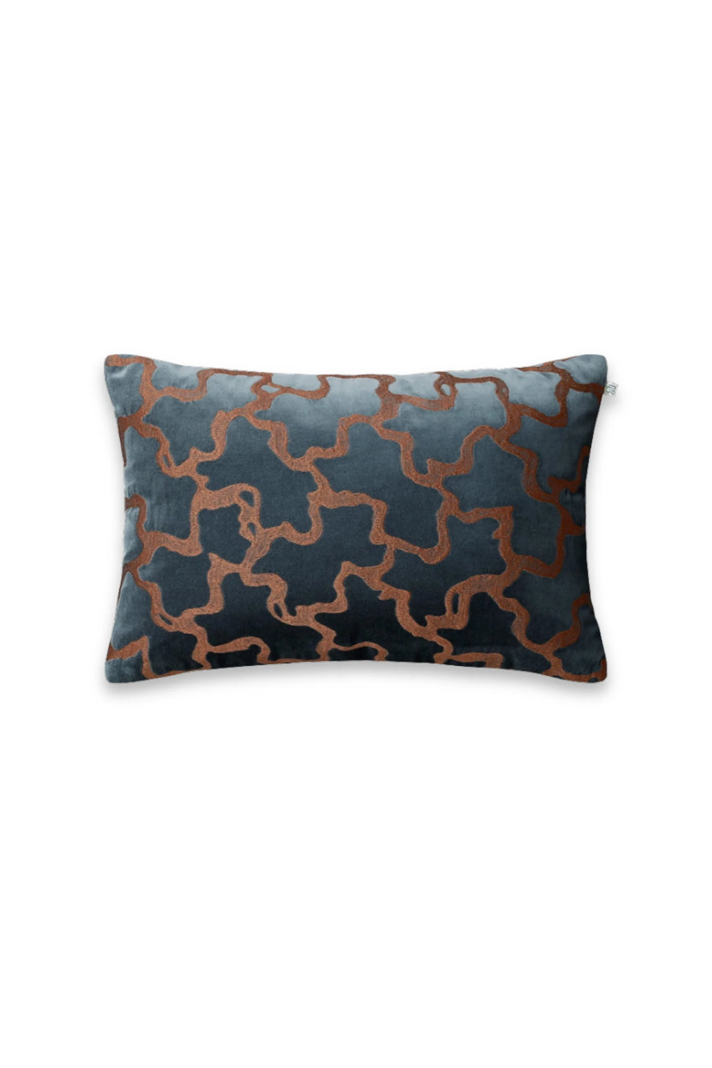 Chhatwal & Jonsson Chand Velvet Throw Pillow, a luxurious rectangular velvet cushion in deep teal with a striking rusty orange embroidered organic pattern. This contemporary accent pillow features a plush velvet texture and a bold, fluid design, offering a touch of Art Deco elegance. Ideal for living room sofas, armchairs, or as stylish bedroom decor.