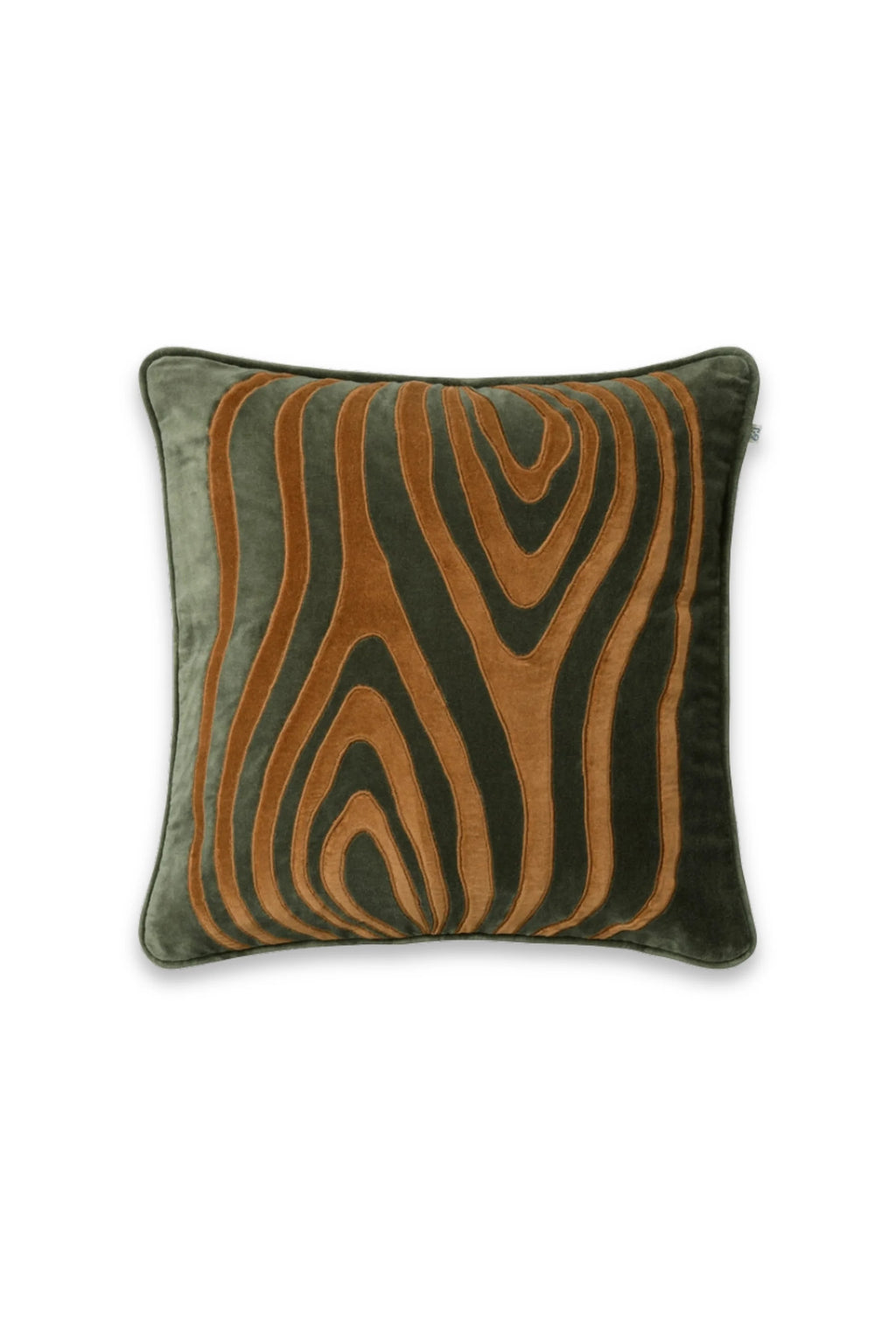 Decorative pillow with zebra pattern in brown and green on a white background