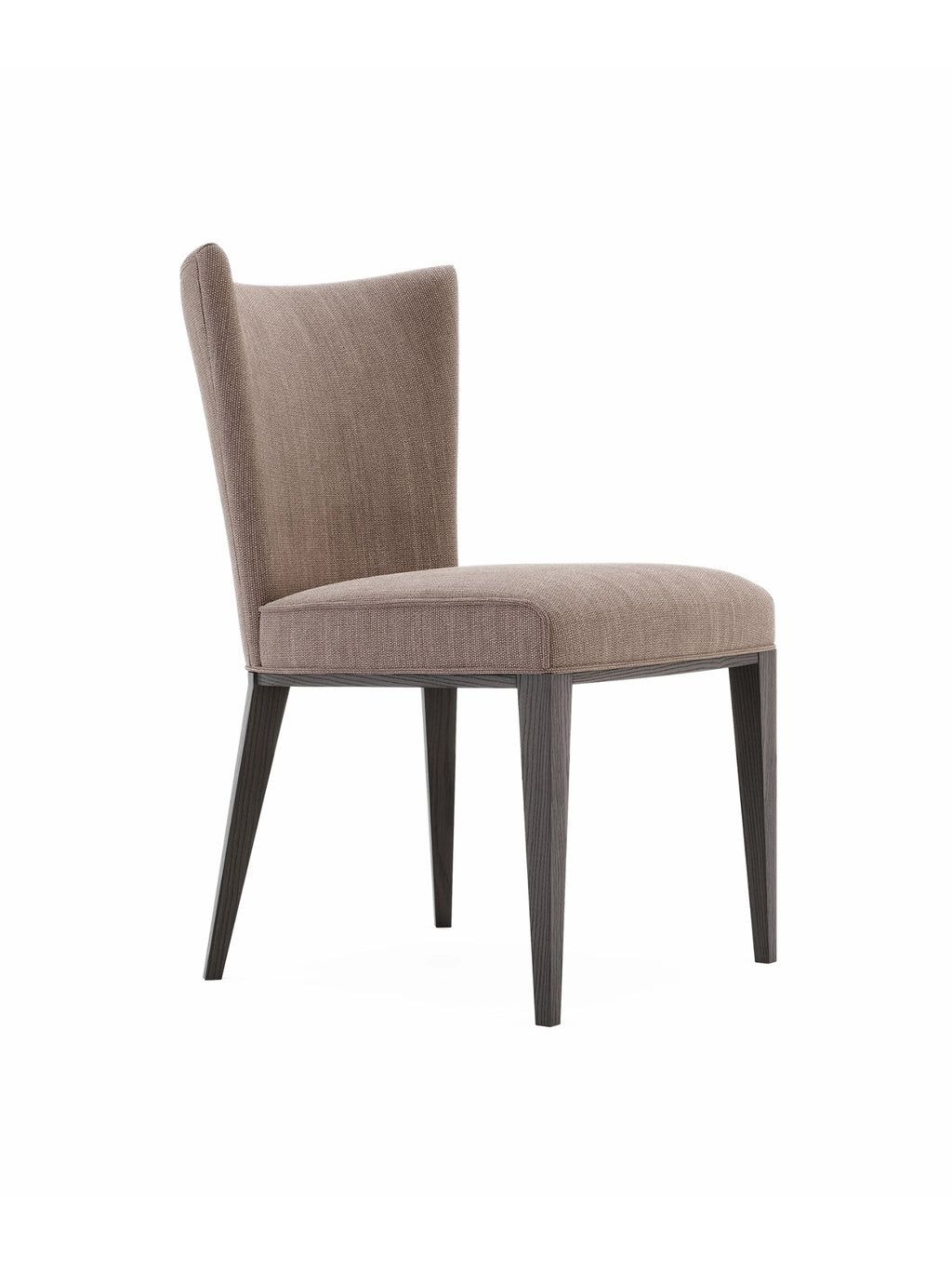 Domkapa Vianna Chair, an elegant contemporary dining chair upholstered in a rich taupe woven fabric with a subtly textured finish and a gently flared, tapered backrest. This modern classic dining chair features a plush seat and is supported by sleek, dark grey solid wood tapered legs, providing a sophisticated profile. Ideal for upscale dining rooms, formal living areas, or as a chic accent chair in a home office.