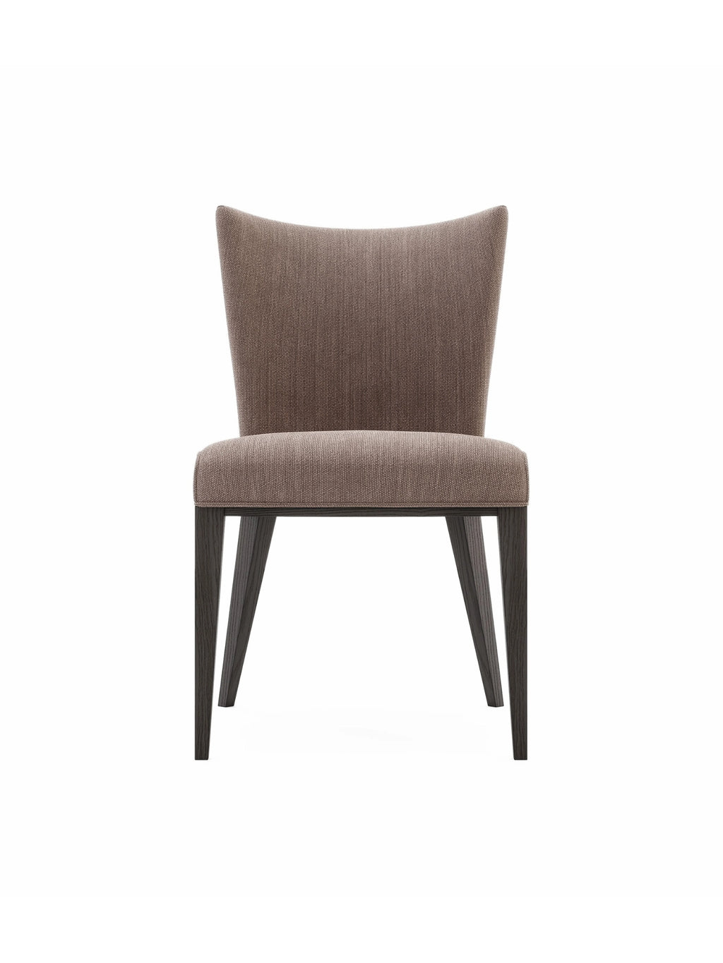 Domkapa Vianna Chair, a contemporary dining chair upholstered in a rich taupe woven fabric with a subtly textured finish, featuring a gently curved backrest and a plush seat. Its elegant design is supported by sturdy dark espresso wood legs that taper outwards, offering a sophisticated silhouette. This modern upholstered chair is perfect for a stylish dining room or as a chic accent chair in transitional and modern minimalist interiors.