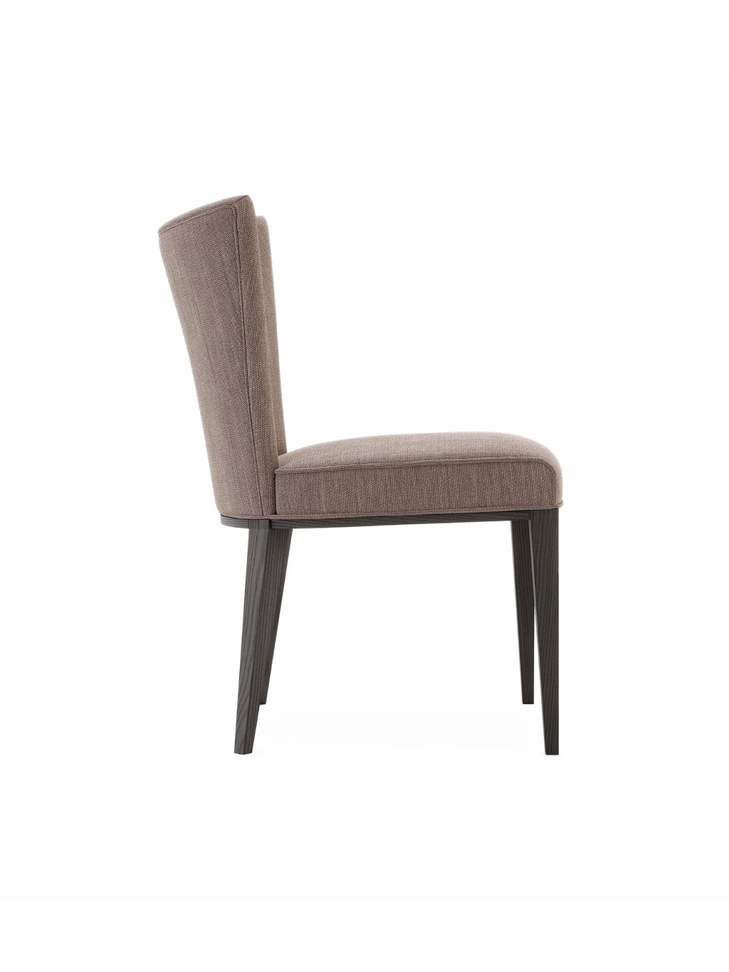 Domkapa Vianna Chair, a contemporary dining chair with a gracefully tapered backrest and comfortable seat, upholstered in a finely textured taupe woven fabric, complemented by sleek dark espresso solid wood.