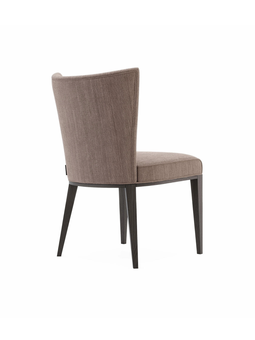 Domkapa Vianna Chair, a sophisticated contemporary dining chair featuring a gently curved, fully upholstered backrest and seat in a finely woven taupe fabric with subtle texture. This elegant chair stands on sleek dark wood tapered legs, offering a refined aesthetic. Perfect for modern dining rooms or as an accent chair in a formal living space.