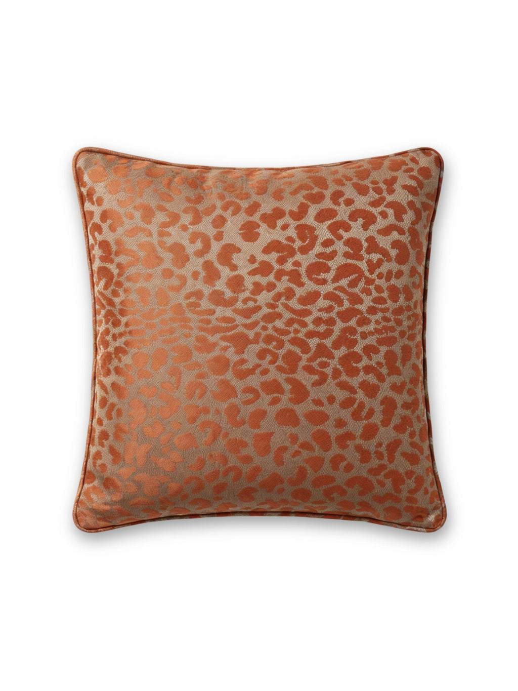 Tinted Objects Vildklint Throw Pillow, a luxurious square cushion featuring a vibrant orange-brown leopard print pattern on a beige textured fabric, with matching piped edges. This stylish accent pillow is perfect for adding a bold, exotic touch to modern living rooms or bedrooms for design-conscious homeowners.