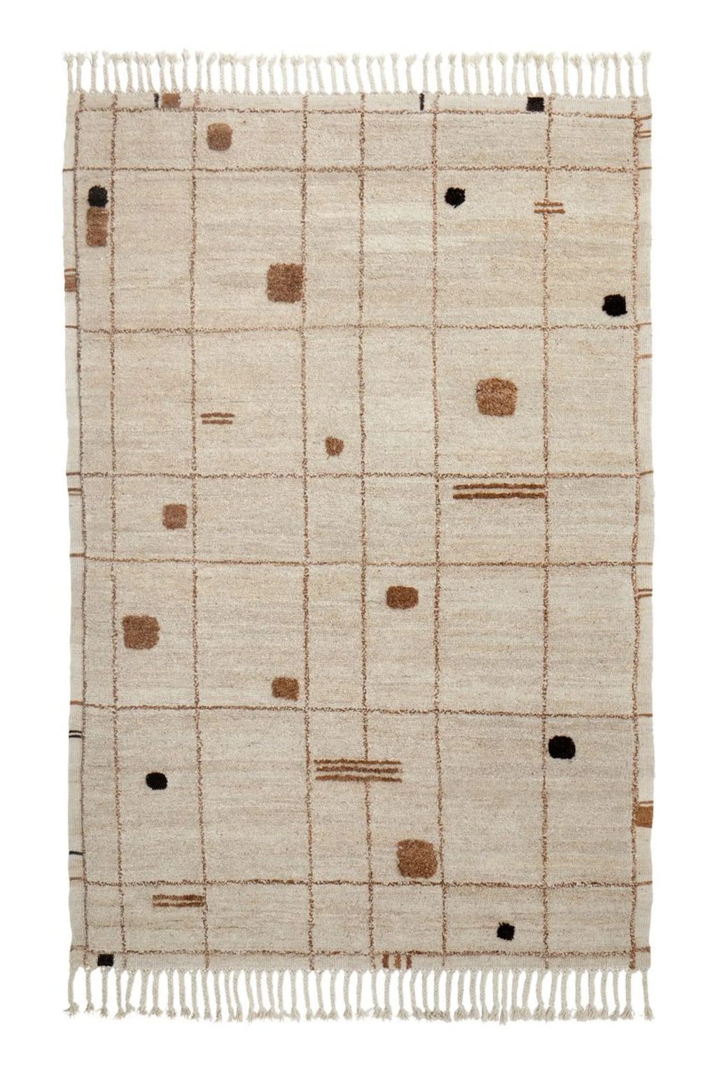 Sera Helsinki Virta Rug, a hand-knotted wool area rug in natural undyed cream and beige tones, featuring an abstract geometric grid pattern in subtle brown lines, accented with raised, shaggy brown and black organic shapes and lines. This textured wool rug includes delicate fringed ends, perfect for adding warmth and a modern minimalist aesthetic to Scandinavian living rooms, organic modern bedrooms, or cozy reading nooks.
