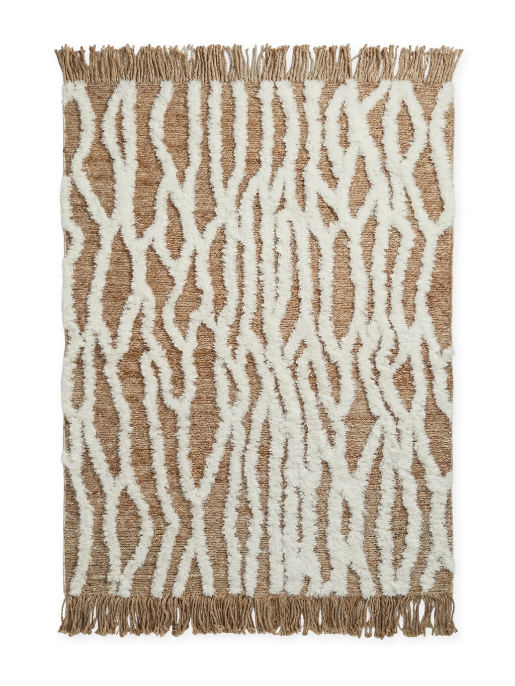 Tinted Objects Wahl Jute Rug, featuring a natural light brown jute base with raised, plush off-white abstract patterns and fringed edges. This durable, stylish area rug is perfect for adding organic texture and a modern bohemian touch to living rooms or bedrooms.