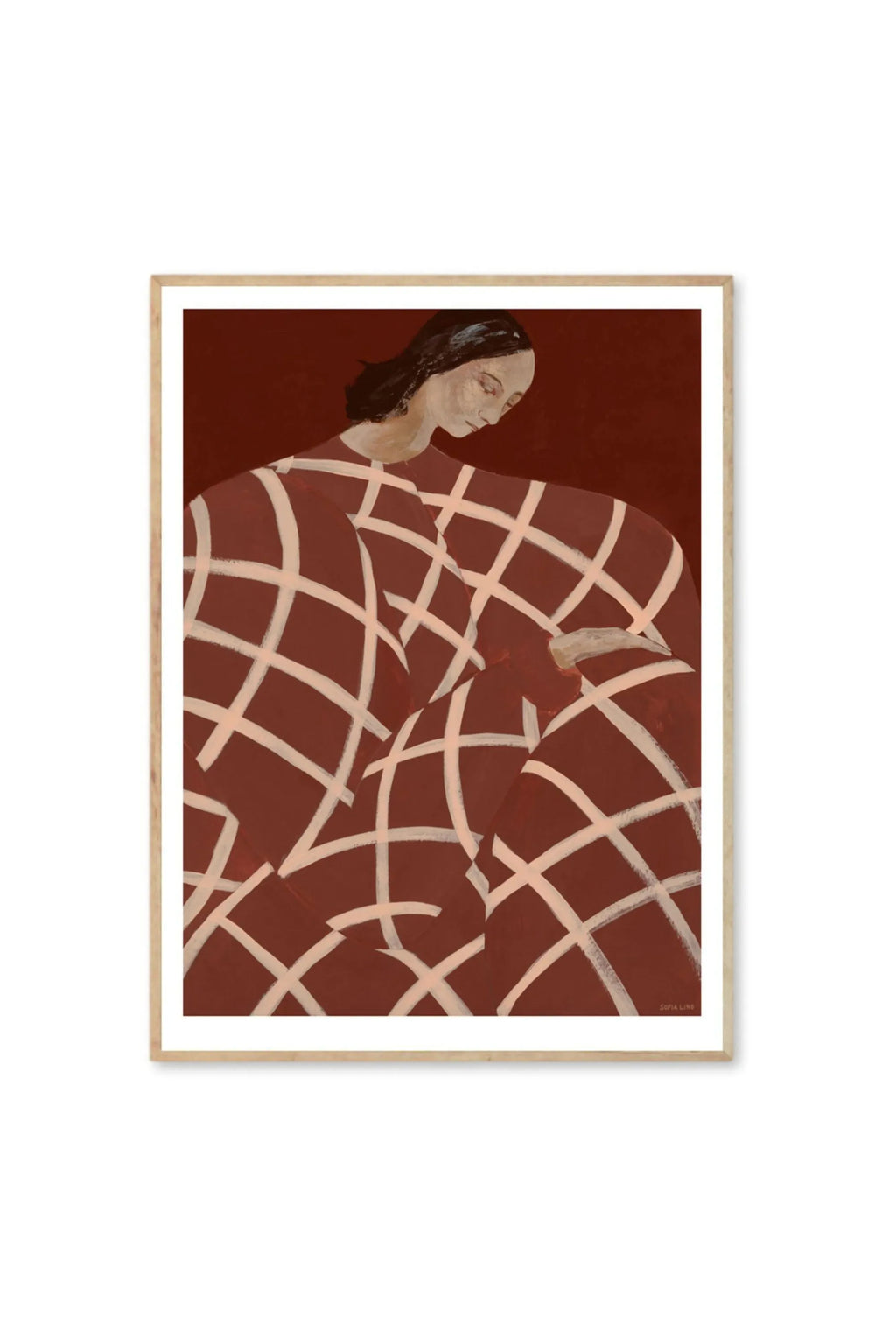 The Poster Club Waiting At Art Et Métiers - Art Print, an elegant modern art poster featuring a woman in a deep reddish-brown patterned dress with a white grid design, set against a dark red background, encased in a light natural wood frame. This stylish wall decor is perfect for art enthusiasts looking to enhance their contemporary home or office space.