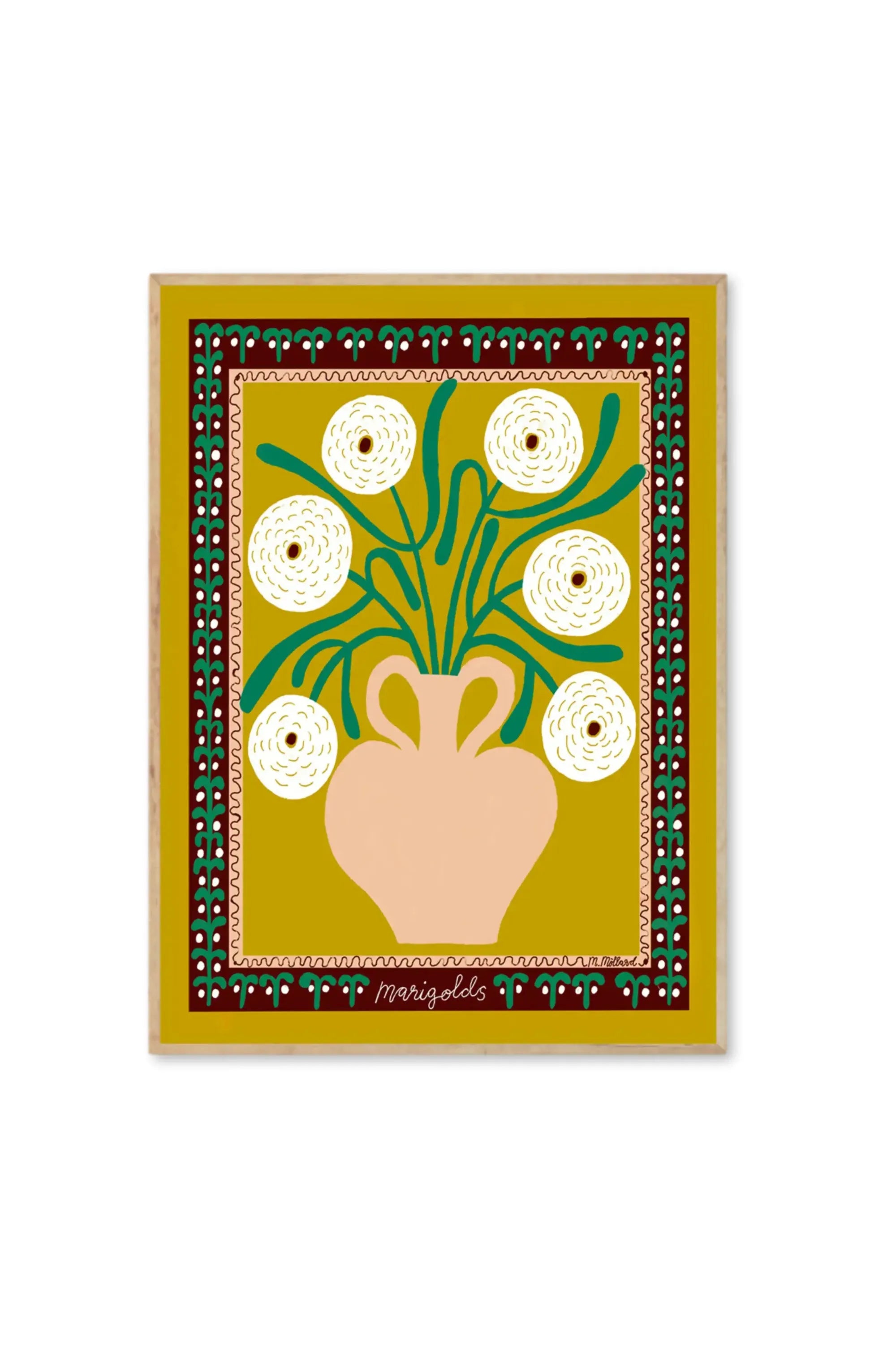 White Marigolds in Vase - Art Print