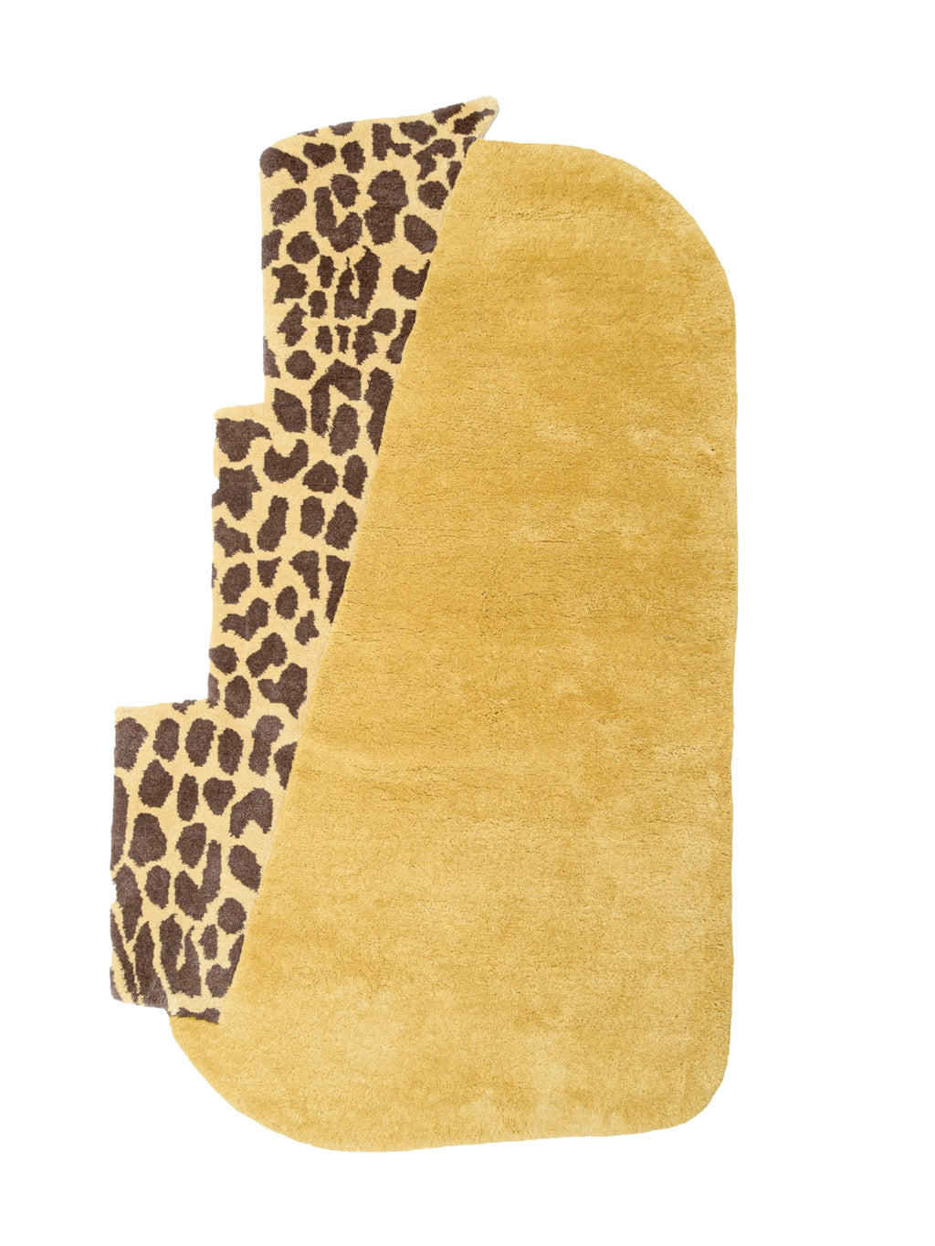 Haus Üger Wild Mist Rug, a bold and playful layered area rug featuring an irregular, organic shape. It combines a soft, plush mustard yellow tufted rug with a rounded silhouette, overlaid with a stepped section of dark brown leopard print on a creamy beige background. Perfect as a maximalist statement piece or a vibrant addition to a contemporary living room, eclectic bedroom, or kids' playroom.