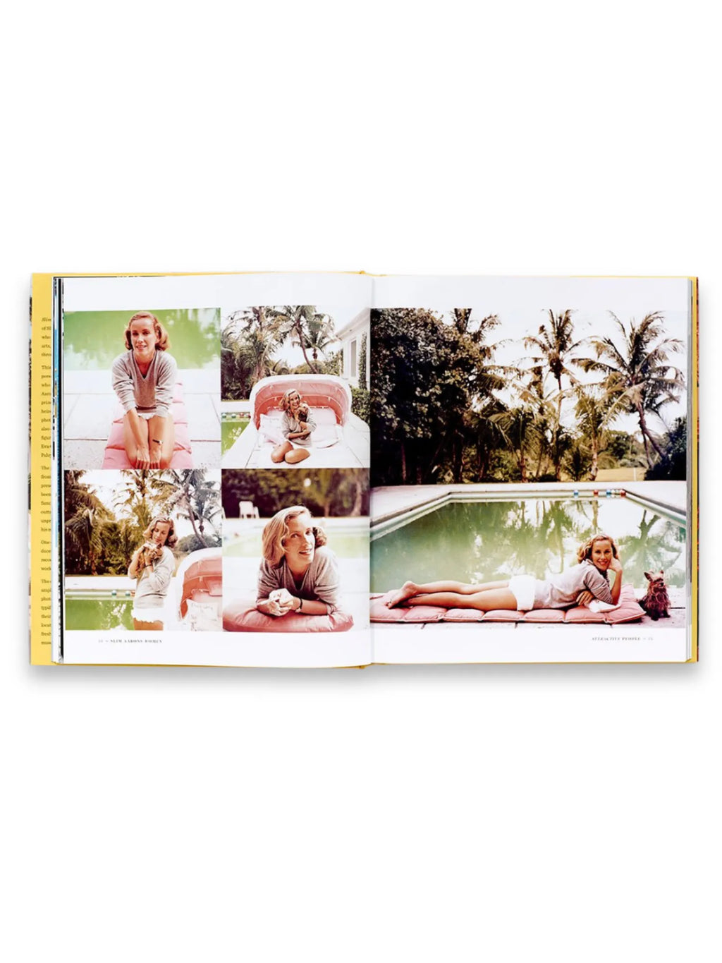 Book – Slim Aarons: Women, an open hardcover book displaying vibrant vintage photographs of women relaxing by a pool with palm trees. This luxury photography book is ideal for art collectors and enthusiasts of classic Hollywood glamour and lifestyle.