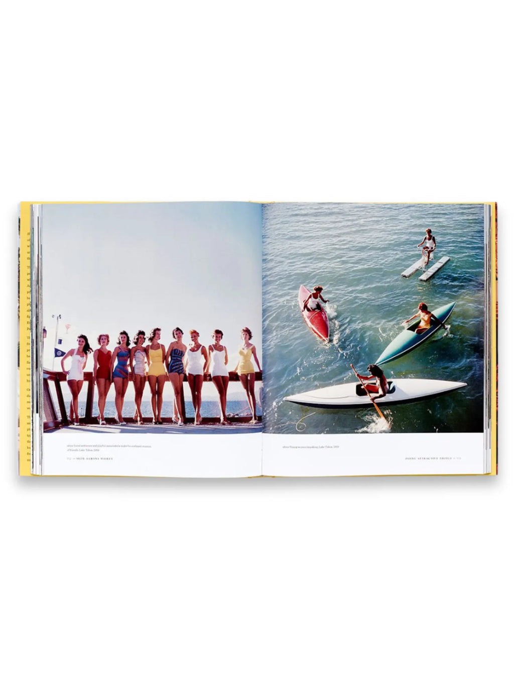 Book Women – Slim Aarons, an open hardcover book displaying colorful vintage photography of women in swimsuits on a dock and kayaking in vibrant boats. This beautiful coffee table book is perfect for photography enthusiasts and those who appreciate classic mid-century style.