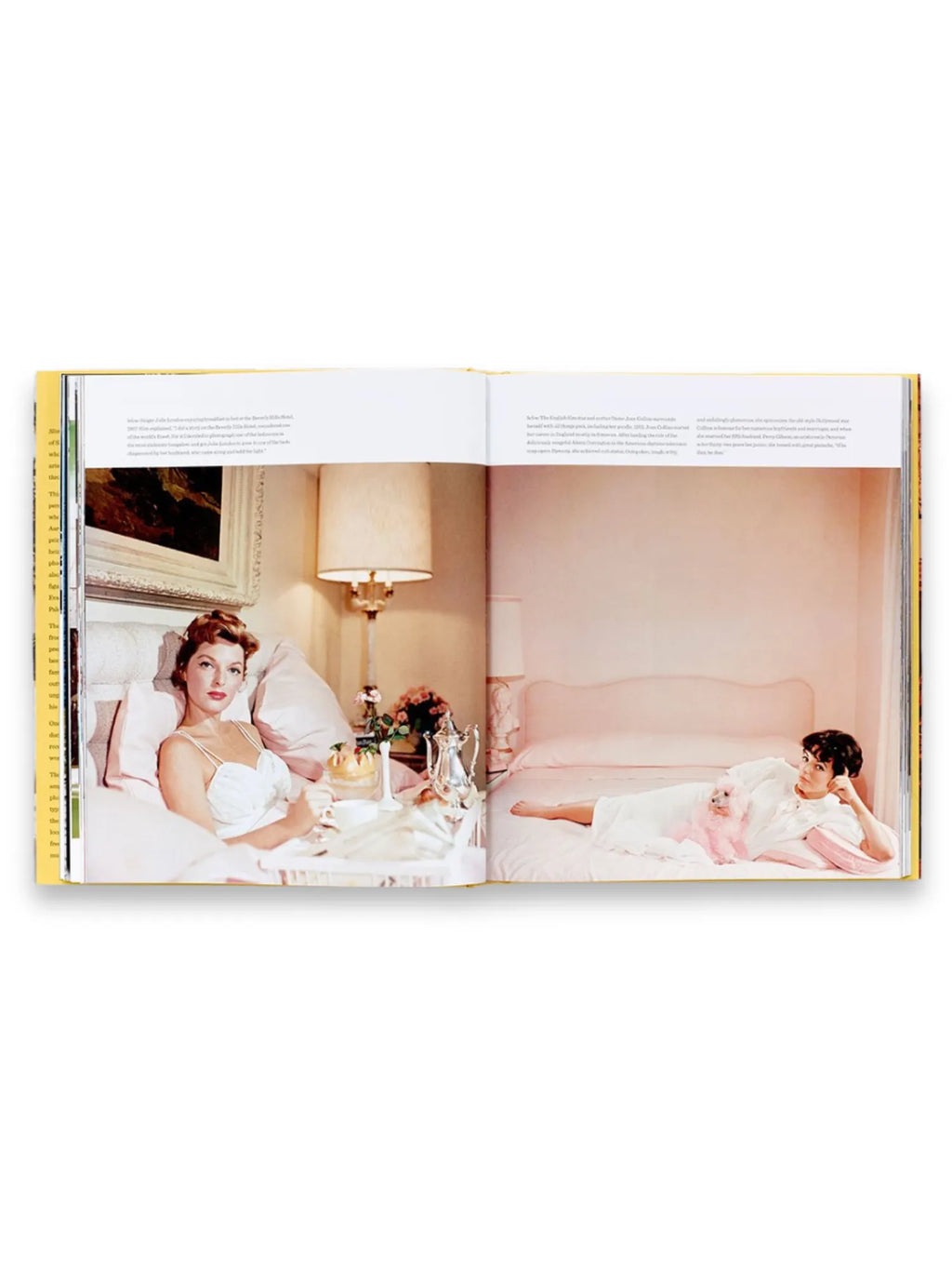 Book Women – Slim Aarons, an open hardcover coffee table book displaying two glossy pages with vibrant vintage photographs. The left page shows a woman in a white nightgown having breakfast in bed, while the right page features another woman lounging with a pink poodle. This premium photography book is perfect for art enthusiasts and collectors of iconic Slim Aarons works.