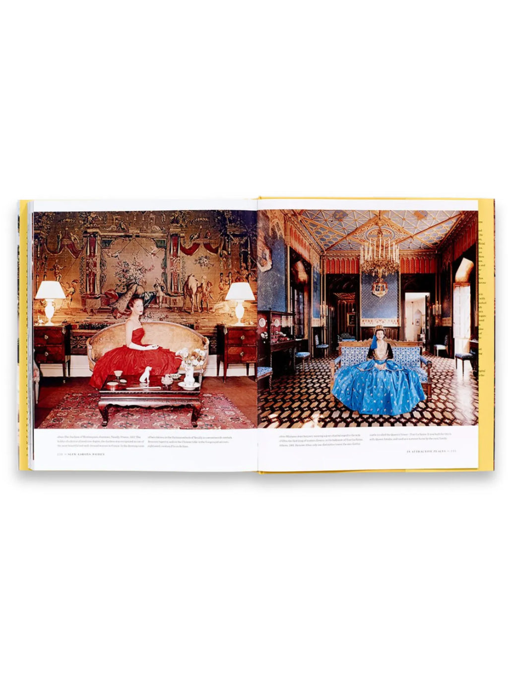 Book Women – Slim Aarons, an open hardcover book displaying two vibrant, luxurious photographs of elegantly dressed women in opulent interiors. This coffee table book is perfect for art and photography enthusiasts.