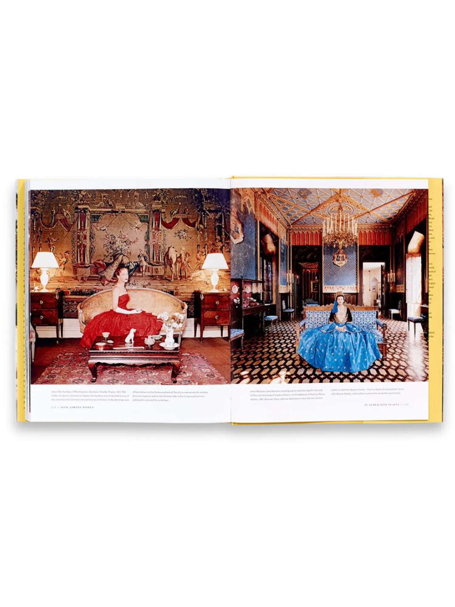 Book Women – Slim Aarons, an open hardcover book displaying two vibrant, luxurious photographs of elegantly dressed women in opulent interiors. This coffee table book is perfect for art and photography enthusiasts.