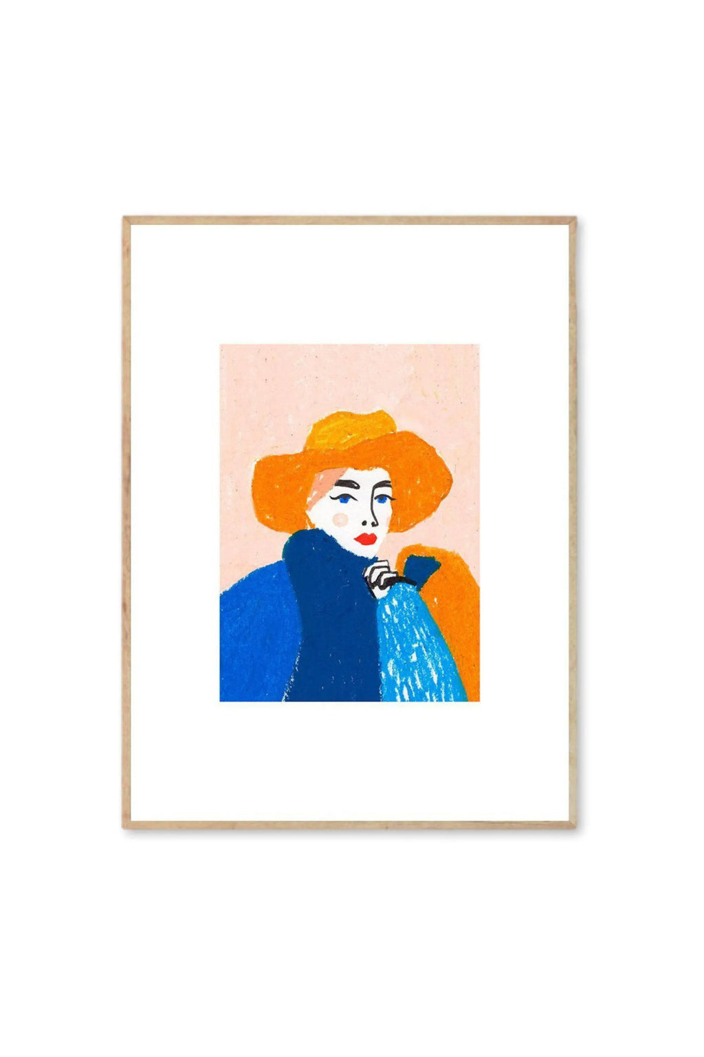 The Poster Club Woz - Art Print, a vibrant contemporary illustration of a woman in an orange hat and blue coat with a textured, painterly finish, framed in natural light wood. This stylish wall art is perfect for adding a pop of color to any modern living space or office.