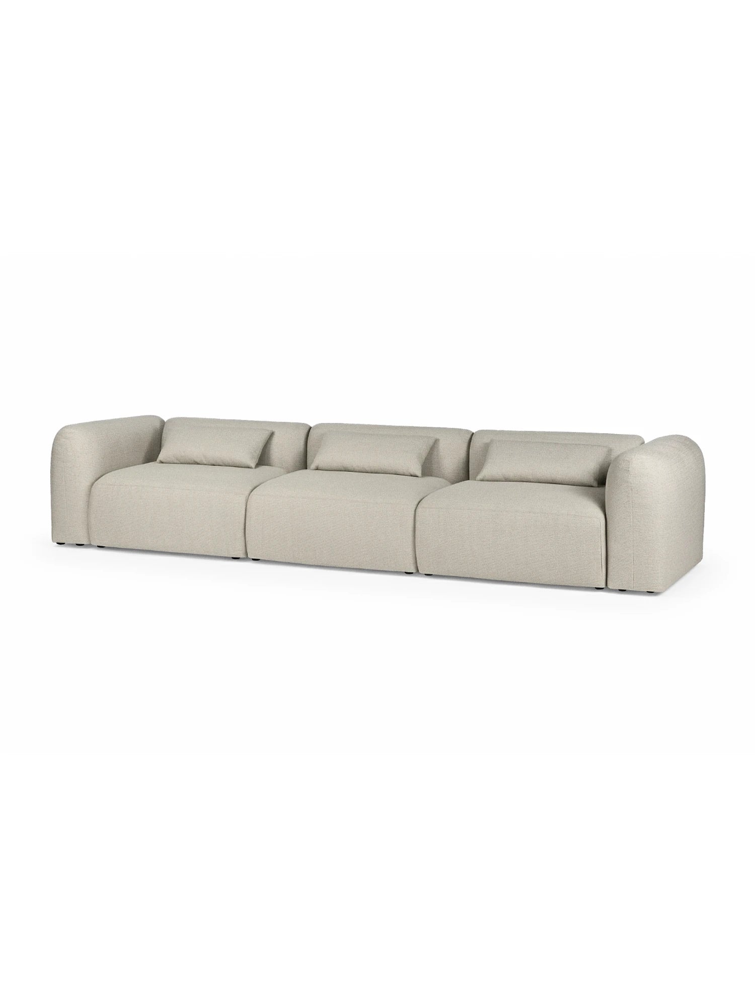 noo.ma Yaro Sofa, a contemporary modular sofa upholstered in a natural beige bouclé fabric with a soft, textured weave. This low-profile design features rounded, organic shapes, deep seating, and clean, minimalist lines, complemented by three matching back cushions. Ideal for creating a cozy, Scandinavian-inspired living room or a spacious organic modern lounge area.