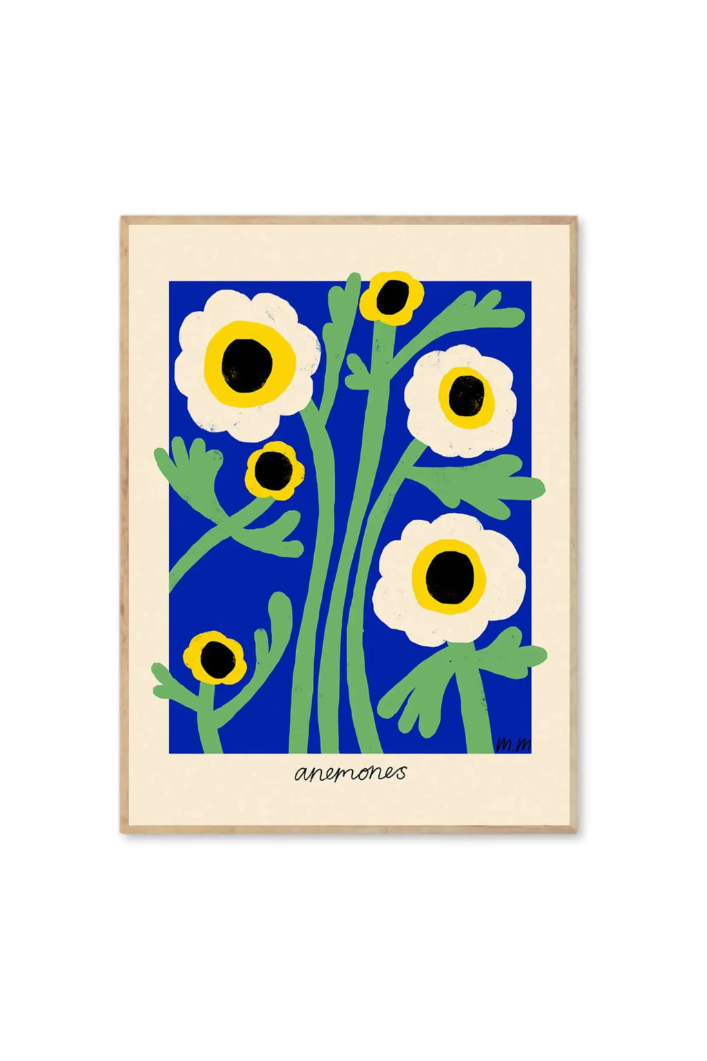 The Poster Club Yellow Anemones - Art Print, a vibrant botanical poster featuring graphic white and yellow anemone flowers with black centers and green stems on a bold royal blue background, framed in light natural wood. This stylish wall art is perfect for adding a modern floral touch to any contemporary home or office space.