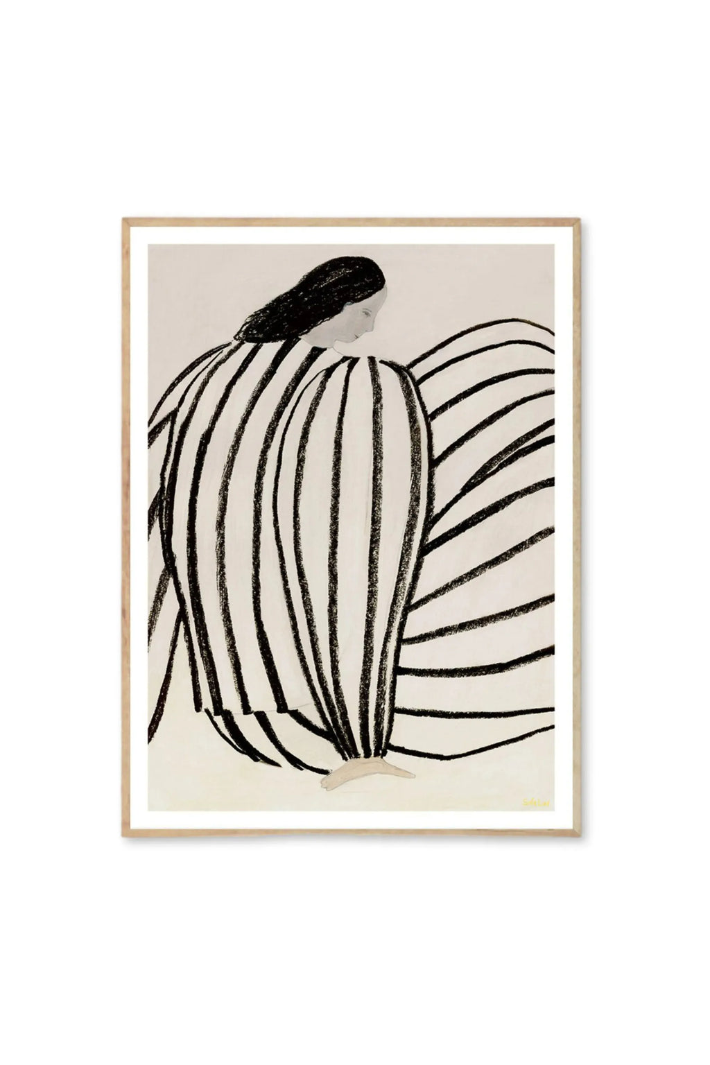 The Poster Club You - Art Print, a minimalist abstract illustration featuring a woman with flowing dark hair and a striped garment, rendered in bold black charcoal strokes on a light cream background, framed in a natural light wood poster frame. This stylish print is perfect for adding modern, artistic flair to any contemporary living space or office.