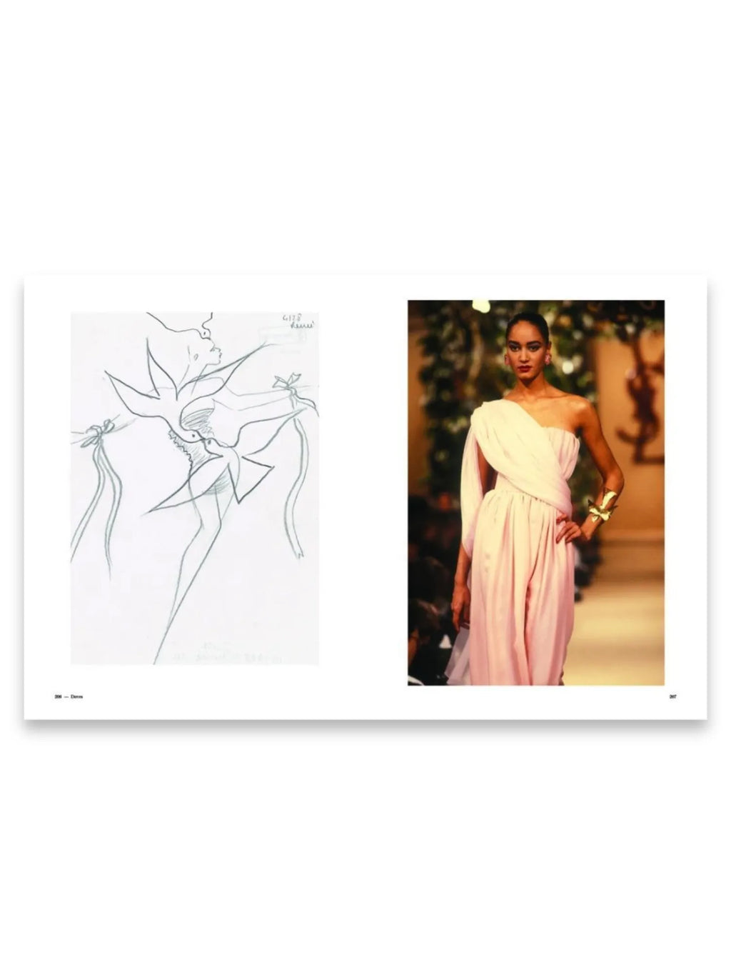 Book Yves Saint Laurent Accessories Book, showcasing an open page with a fashion sketch of a flowing dress alongside a runway photo of a model in a similar soft pink, draped gown with a gold cuff bracelet. This premium fashion book offers historical insight into YSL's iconic designs, perfect for fashion enthusiasts and collectors.