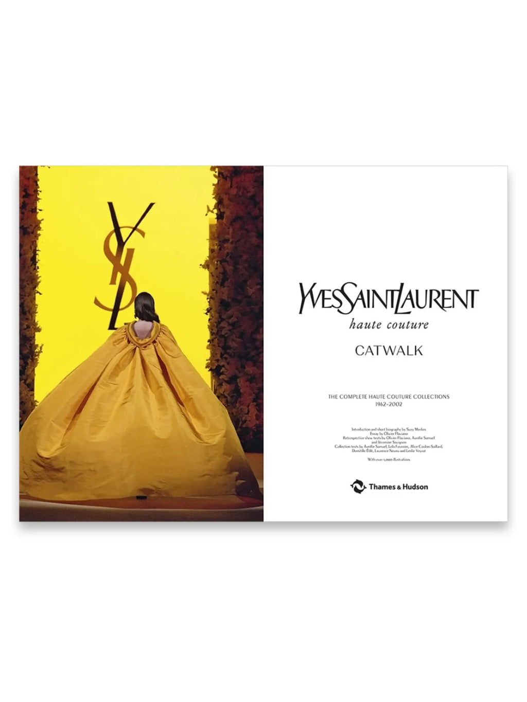 Book Yves Saint Laurent Catwalk, featuring a dramatic golden couture gown on a runway with the iconic YSL logo against a bright yellow background. This premium fashion book is perfect for fashion enthusiasts, students, and collectors interested in haute couture history.