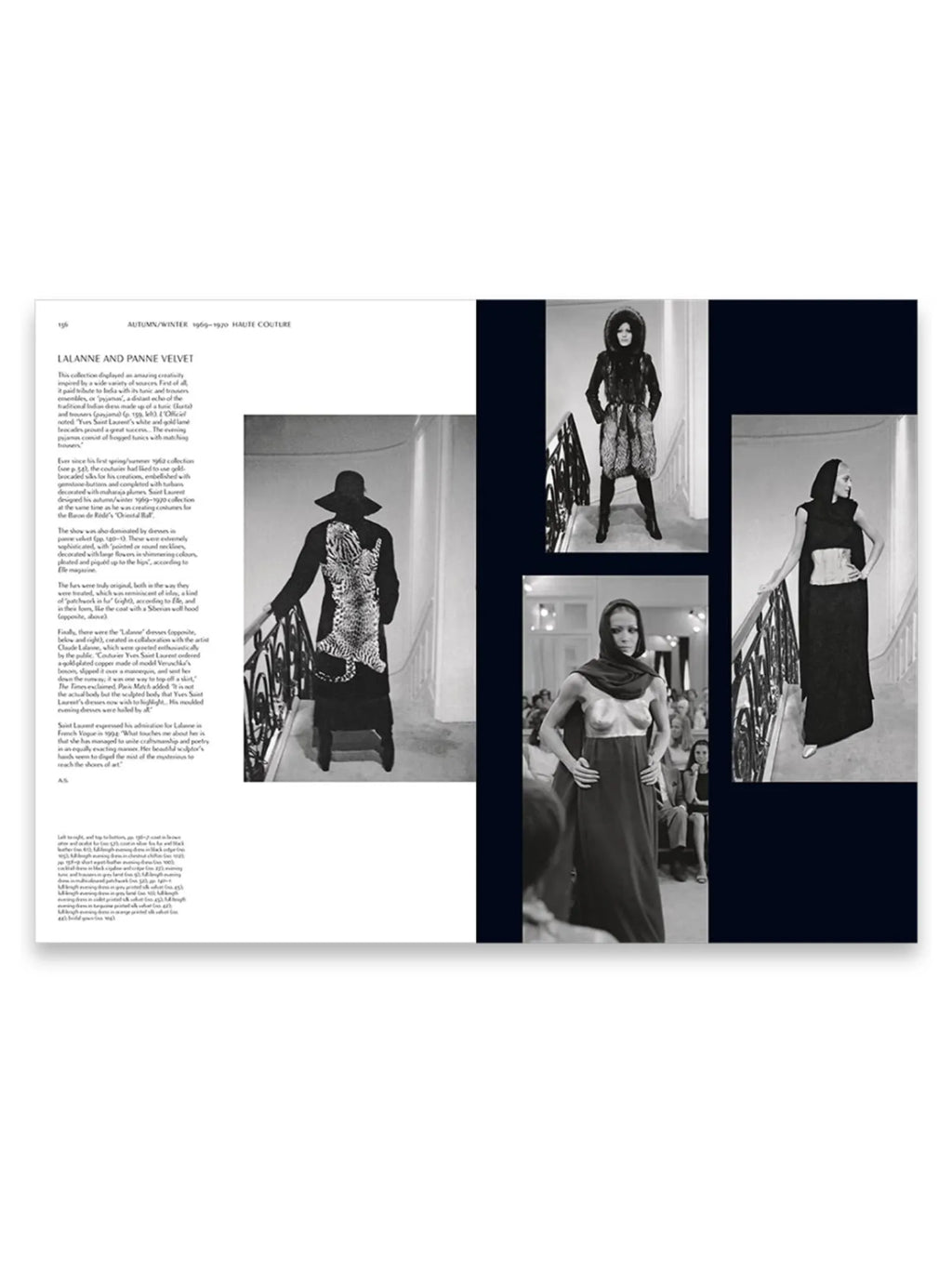 Book Yves Saint Laurent Catwalk, an open premium haute couture fashion book featuring black and white photographs of iconic YSL runway looks from Autumn/Winter 1969-1970, including animal print coats and draped velvet dresses. This essential fashion history book is perfect for fashion students, designers, and enthusiasts seeking an in-depth look at legendary YSL collections.