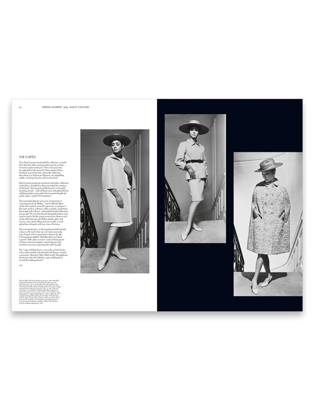 Book Yves Saint Laurent Catwalk, an open luxury hardcover book revealing several black and white vintage fashion photographs from the Spring/Summer 1965 Haute Couture collection, featuring models in elegant capes and suits. This premium fashion book is a must-have for fashion history enthusiasts and collectors of iconic designer works.