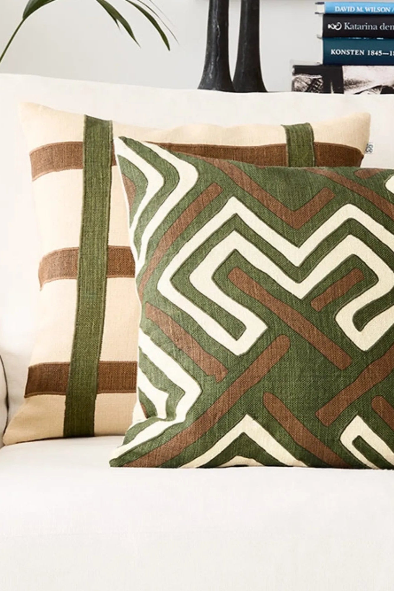 Cactus Green and Taupe Kiran Linen Cushion Pillow adds a touch of nature to your decor