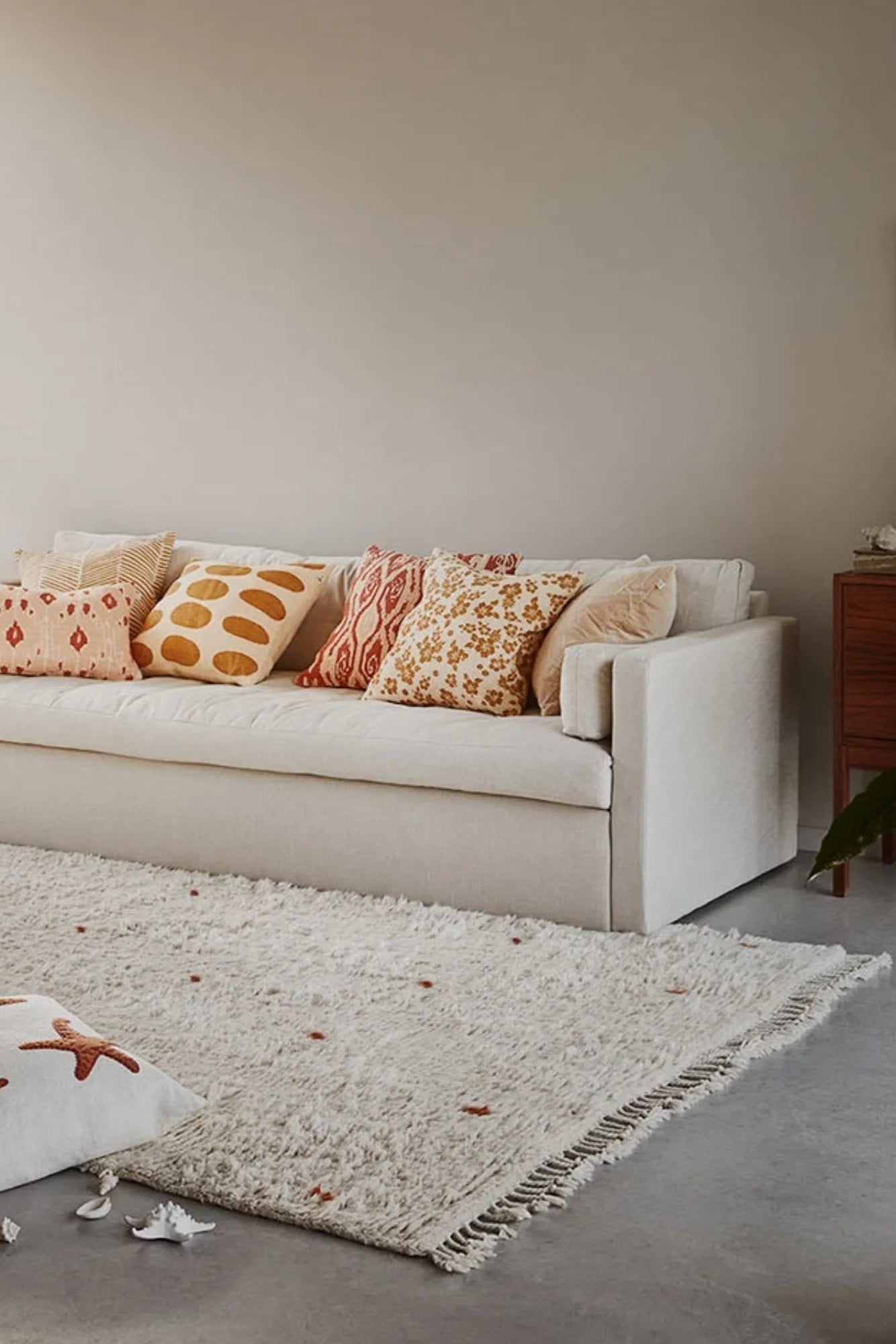 Handwoven Ravi Wool Rug in neutral tones, with intricate geometric patterns