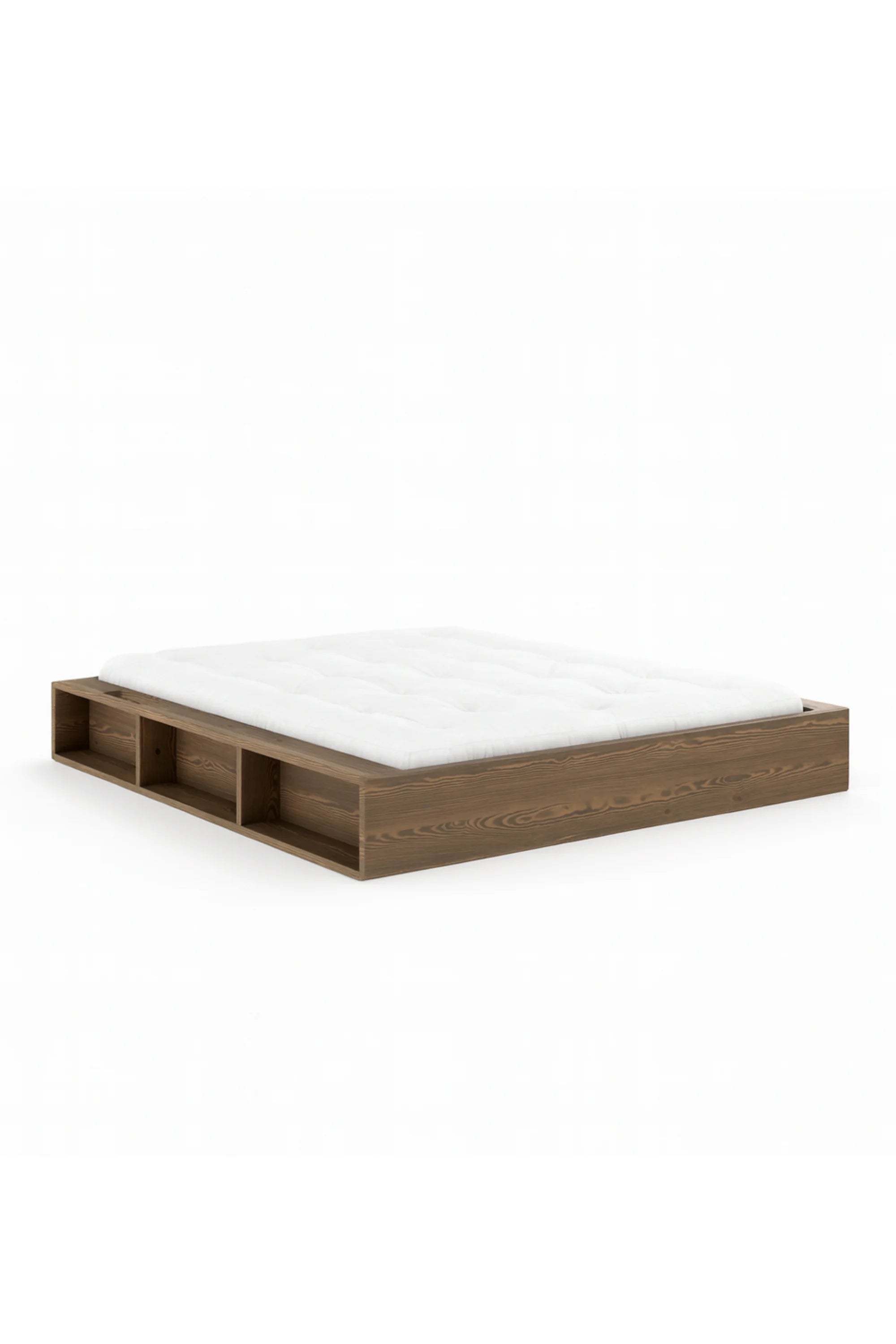 Wooden bed frame with white mattress on a white background