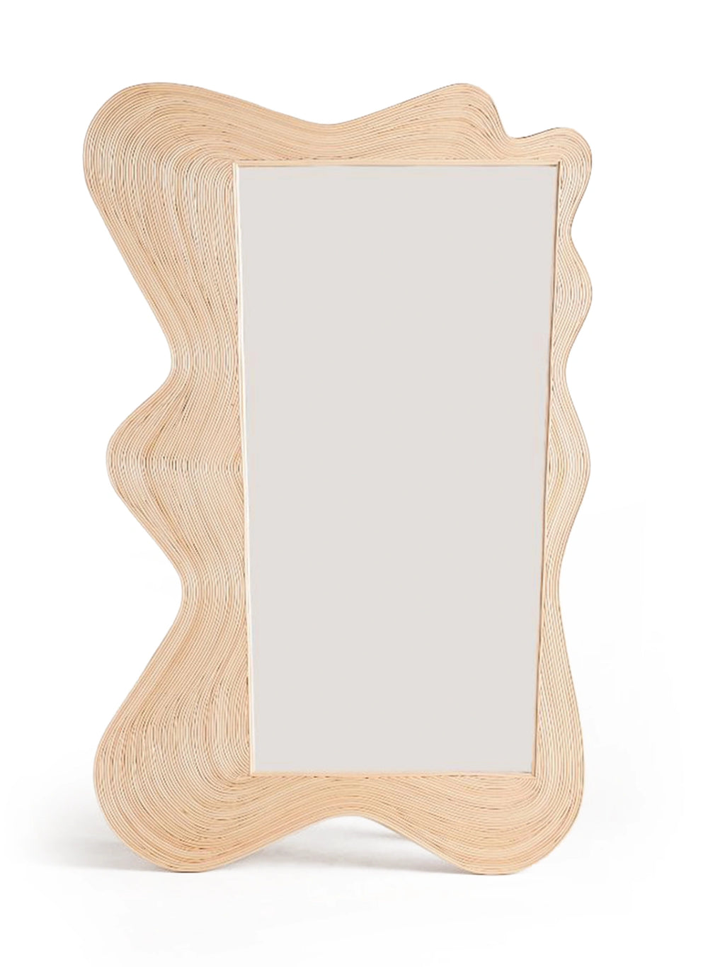 Heaps & Woods Zoe Mirror, a stunning organic modern decorative mirror featuring a unique wavy, freeform frame crafted from natural bent rattan in a light blonde finish. Its sculptural, layered rattan design creates a soft, textural border around the rectangular mirror, highlighting the natural material. This contemporary rattan mirror is perfect as a statement piece for boho living rooms, elegant bedrooms, or stylish entryways.