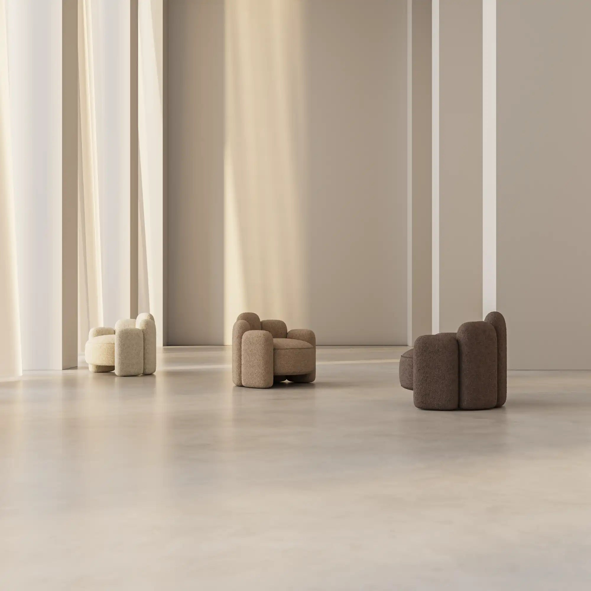 Modern Agnes Armchair in grey linen with sleek, angled legs and wide seat