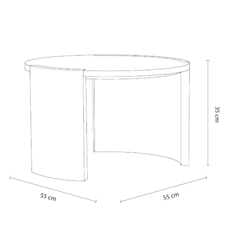 Line drawing of a round coffee table with dimensions labeled