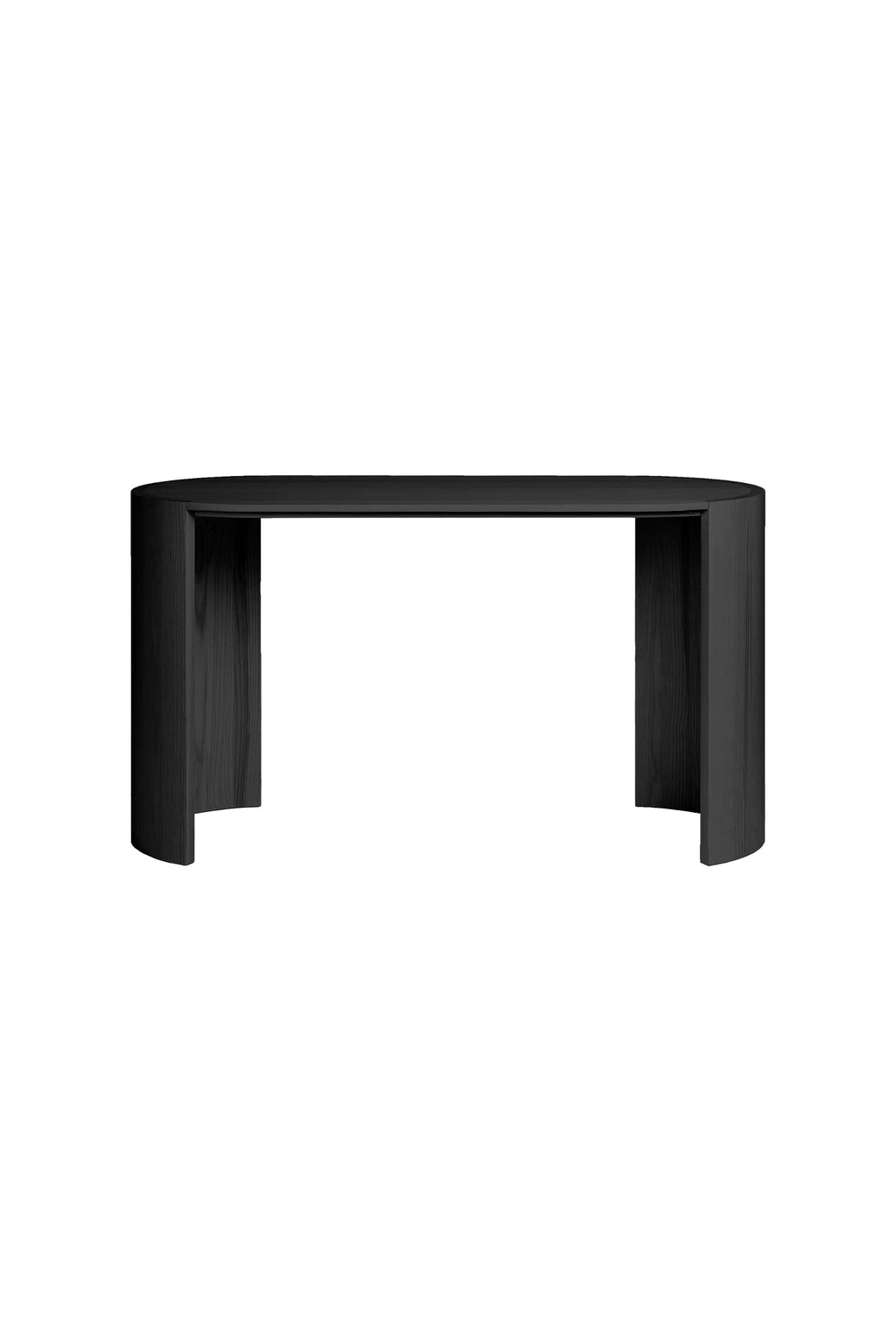 Made by Choice Airisto Desk, a full front view of the elegant black wooden desk, featuring a minimalist design with two curved, solid legs supporting a sleek rectangular top, displayed on a white background.